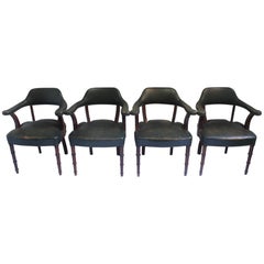  Set of 4 Midcentury Leather and Oak Armchair with Faux Bamboo Design