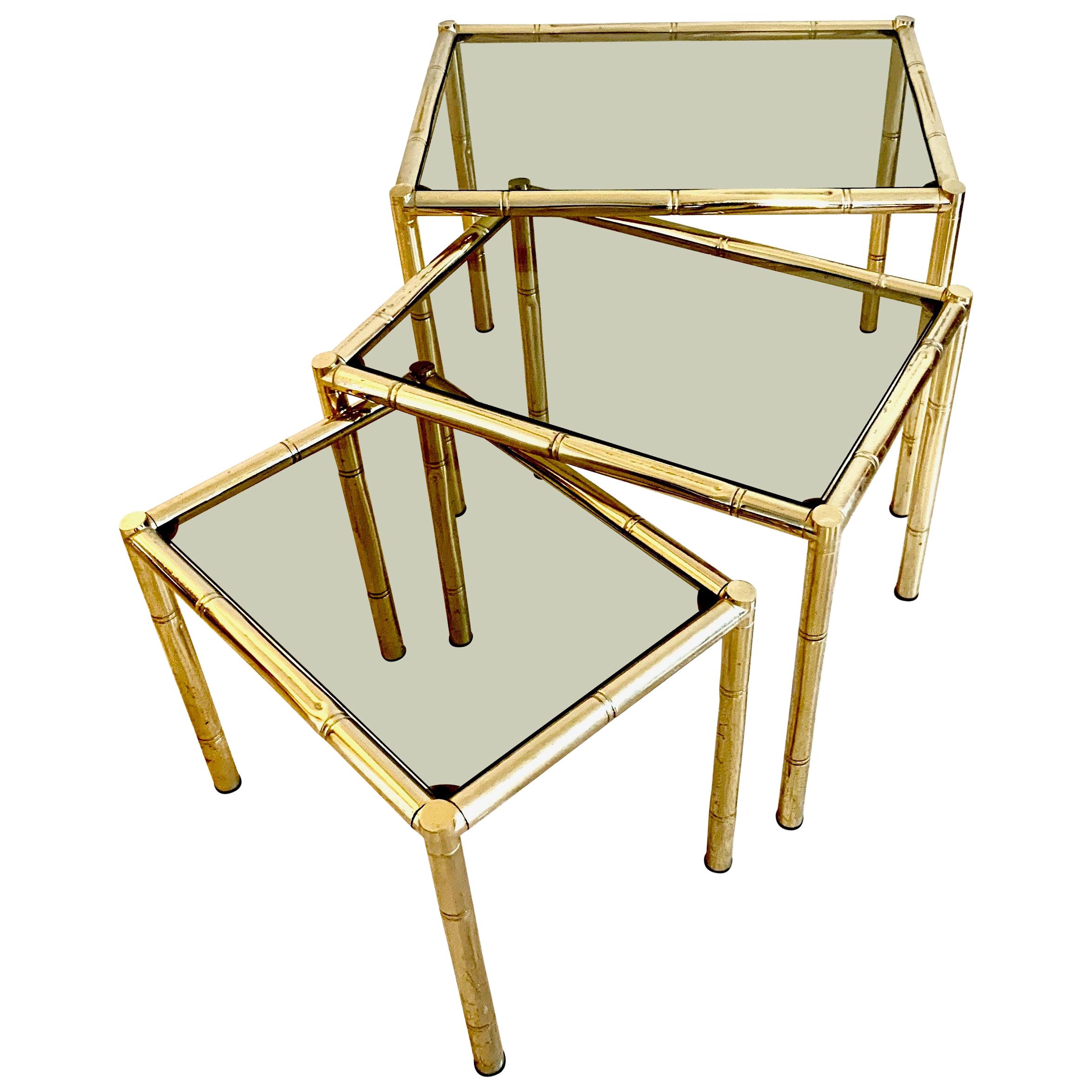 Set of French Faux Bamboo Brass Nesting Tables, 1960s
