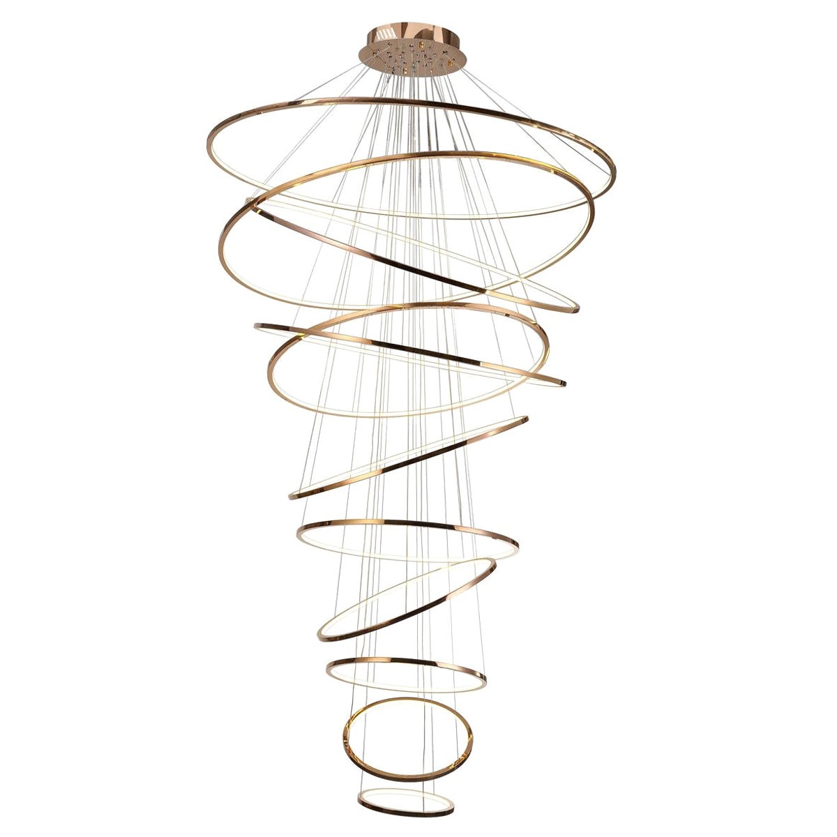 LED Swirl 11 Ring Swirl Chandelier Pendant Light Shown in Polished Gold finish For Sale