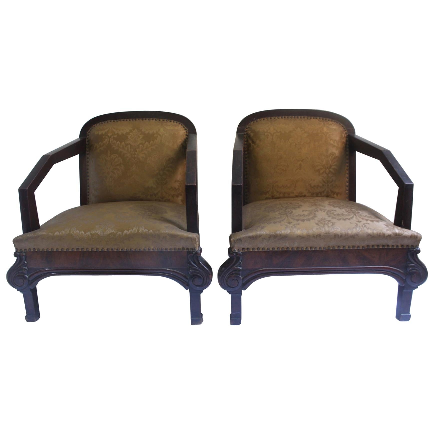 Set of 2 Art Deco Club Armchair with Brocade Silk Upholstery, 1930s For Sale
