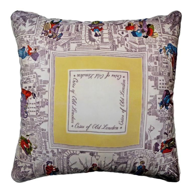 Vintage Silk Pillow 'Cries of London' with Iconic Images of the City of London