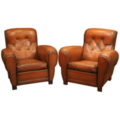 Pair of Early 20th Century French Club Armchairs with Original Brown Leather