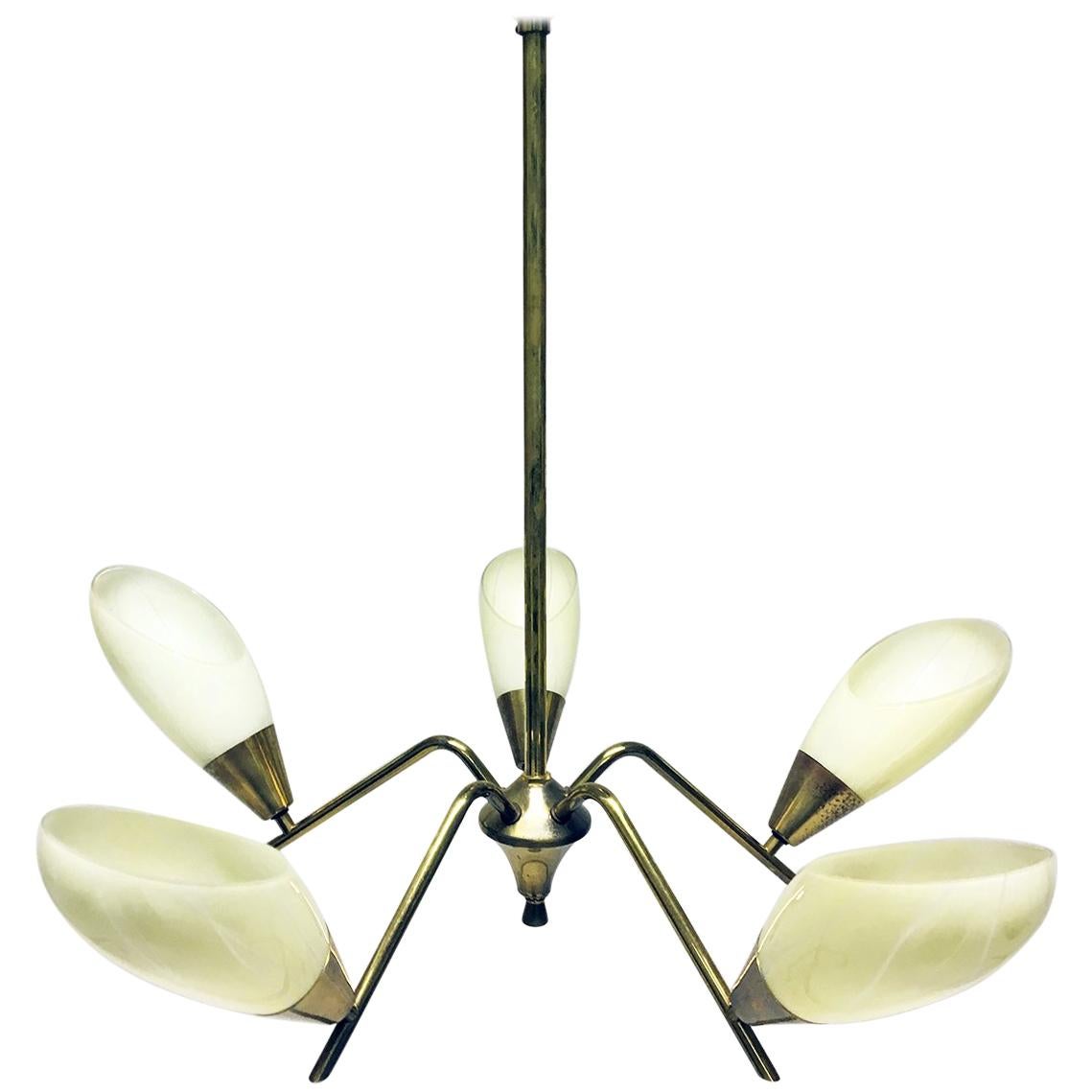 1950s Italian Five Branch Brass and Glass Ceiling Light Midcentury Chandelier