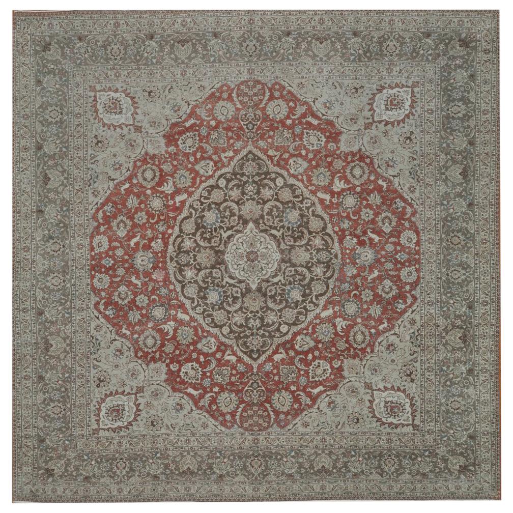 Square Antique Hand Knotted Wool Persian Tabriz Rug For Sale