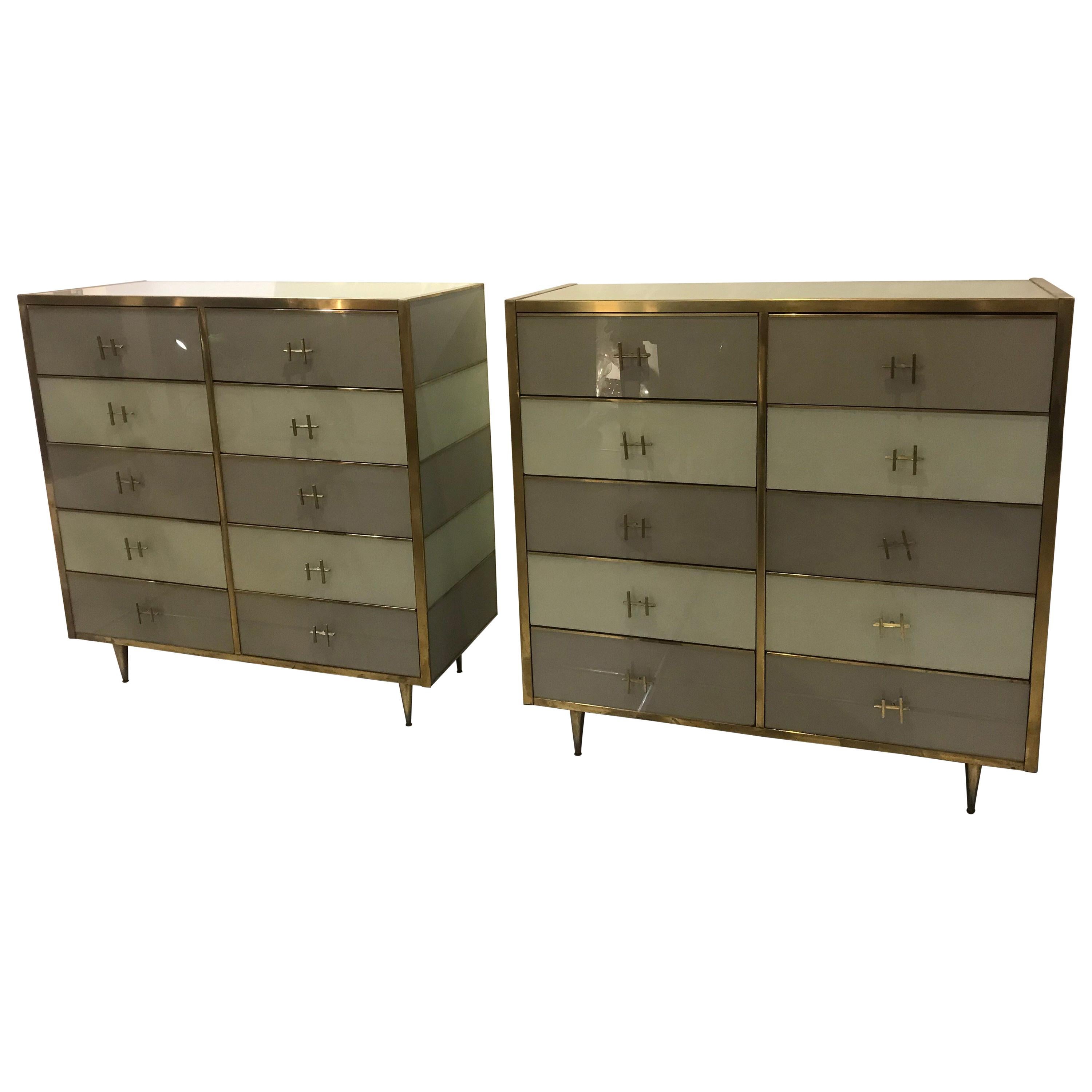 Pair of Italian Mid-Century Glass and Brass Chest of Drawers