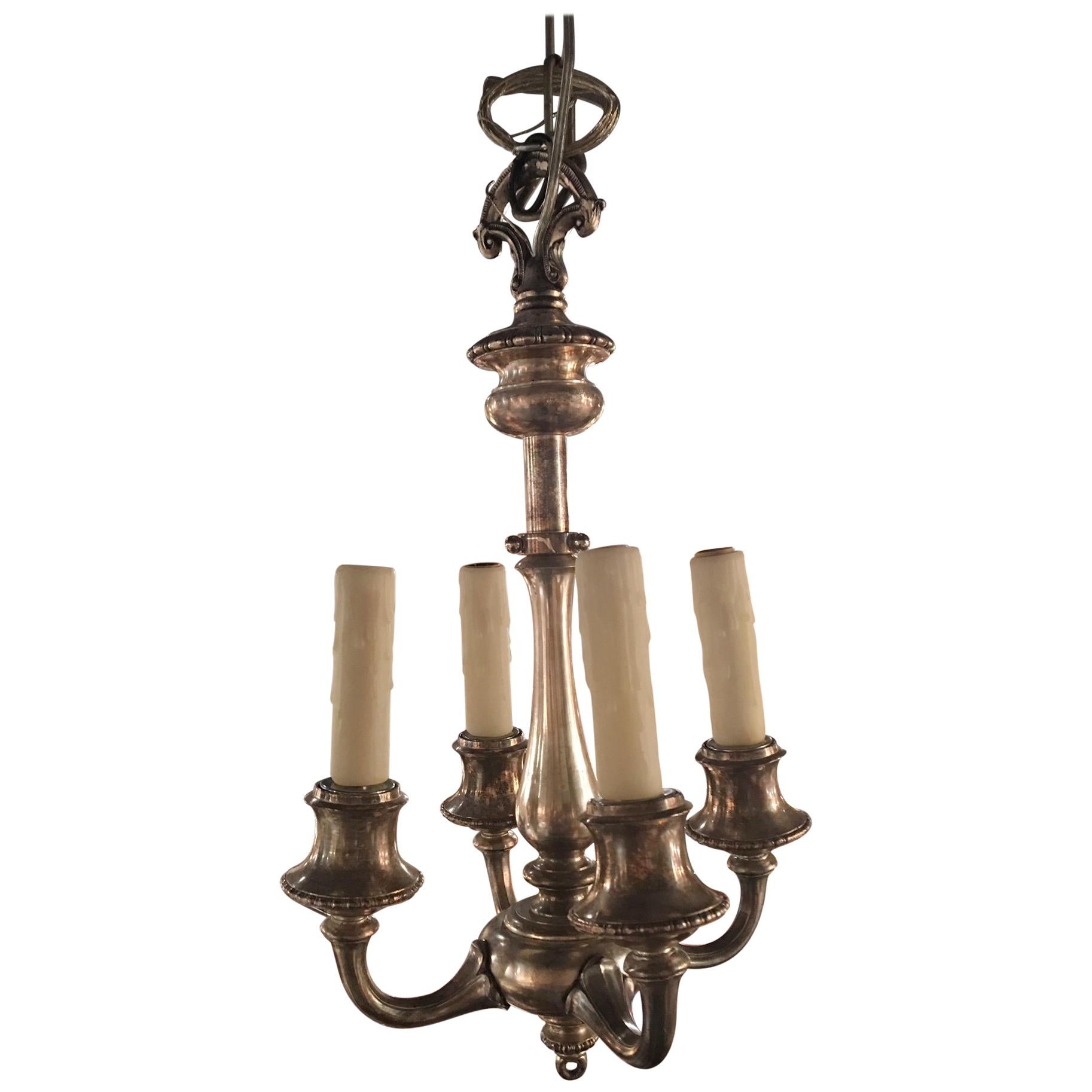 English Four-Light Silver Chandelier or Light Fixture, Early 20th Century
