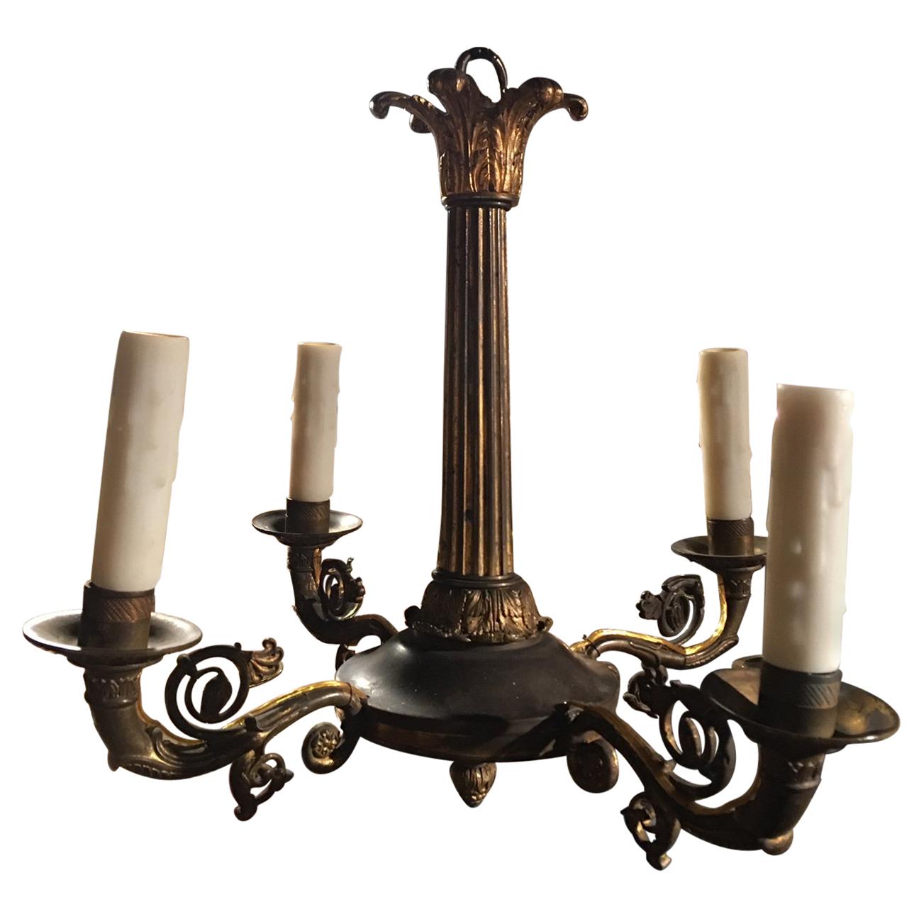 Four-Light Cast Bronze Empire Style Chandelier Light Fixture, Late 19th Century