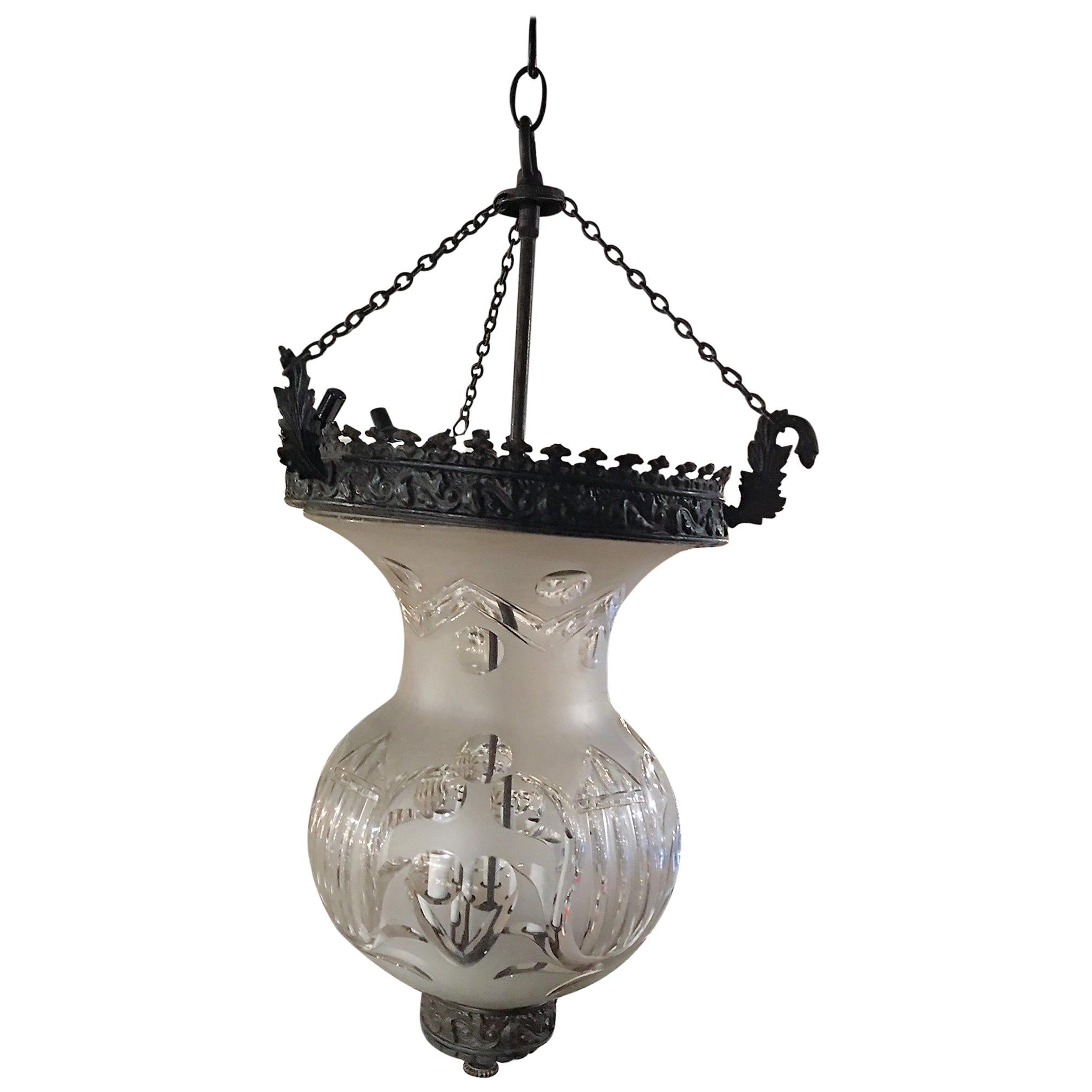 Smoked Bell Lantern with Oxidized Finish and Frosted Glass, 20th Century