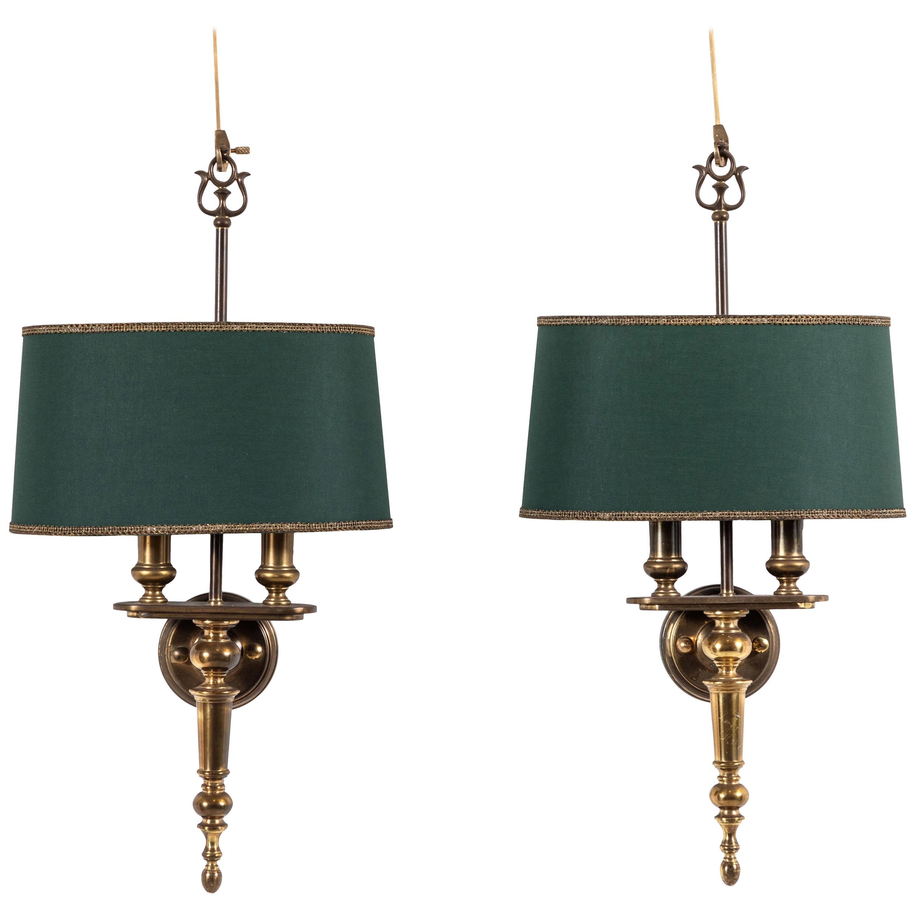 Pair of French Brass Sconces with Green Shades