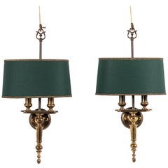 Pair of French Brass Sconces with Green Shades