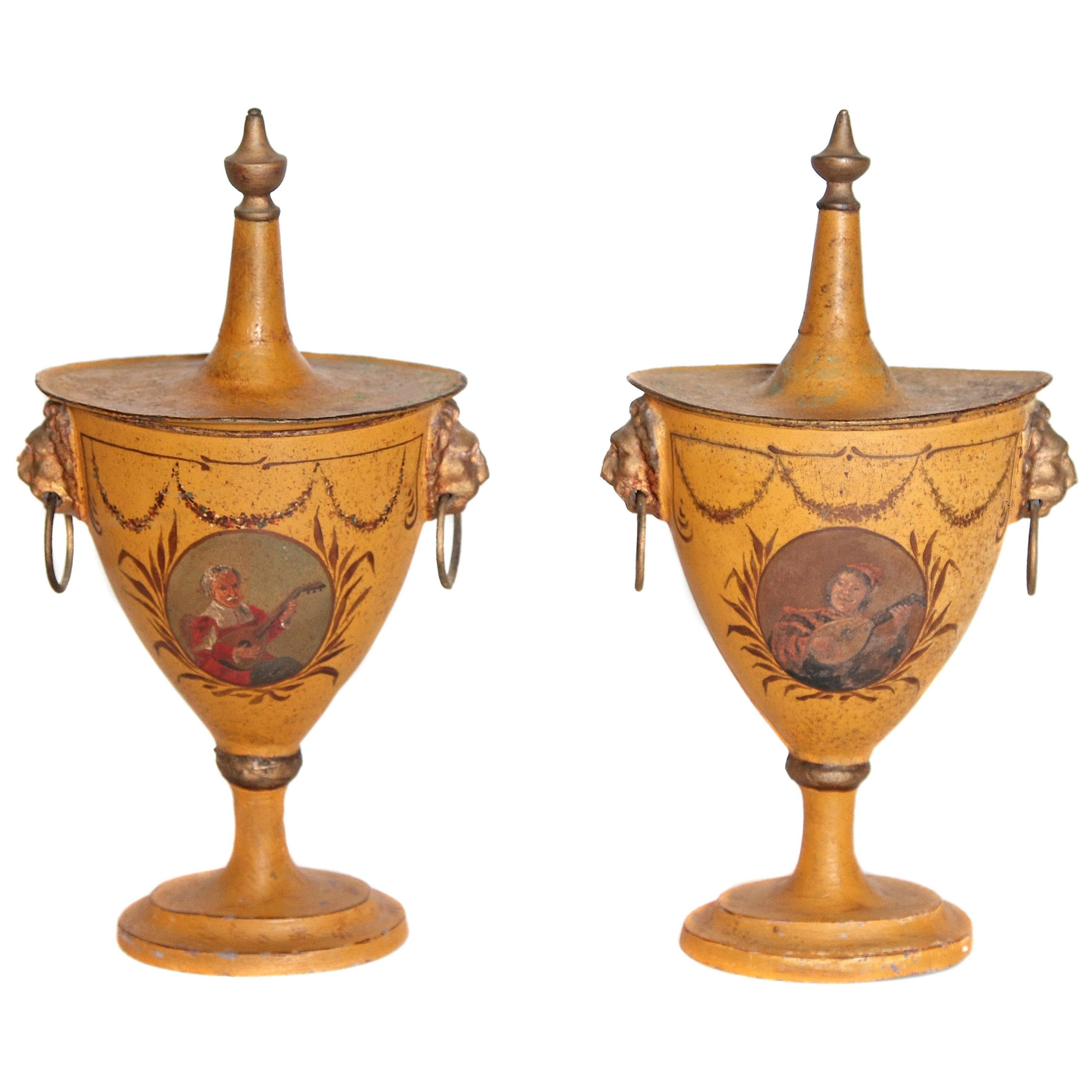 Pair of English Regency Tole Painted Chestnut Urns
