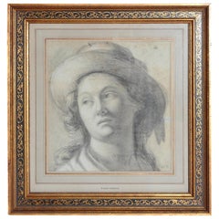 18th Century Charcoal Drawing of a Young Lady Wearing a Hat