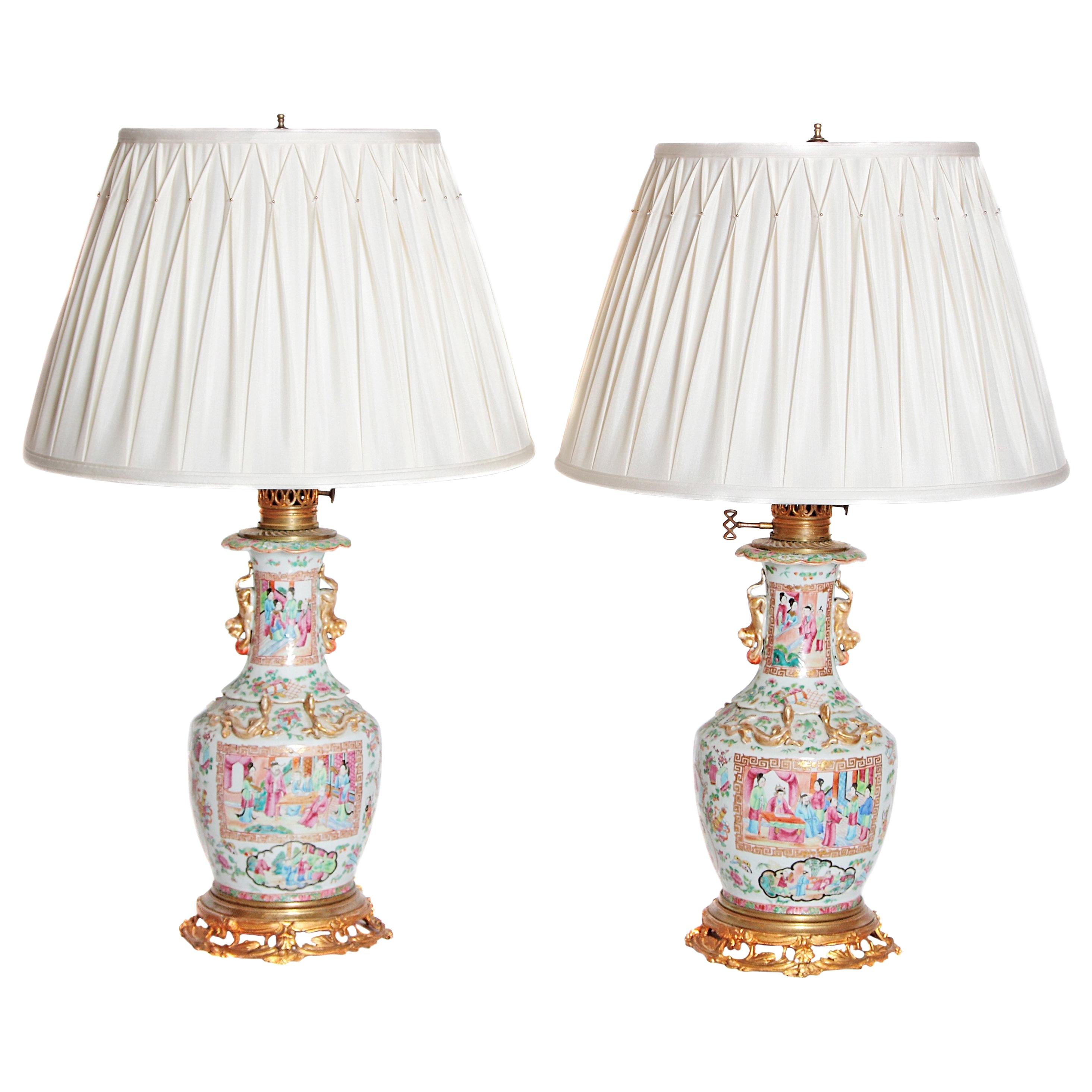 Pair of 19th Century Chinese Rose Medallion Vases Mounted as Lamps