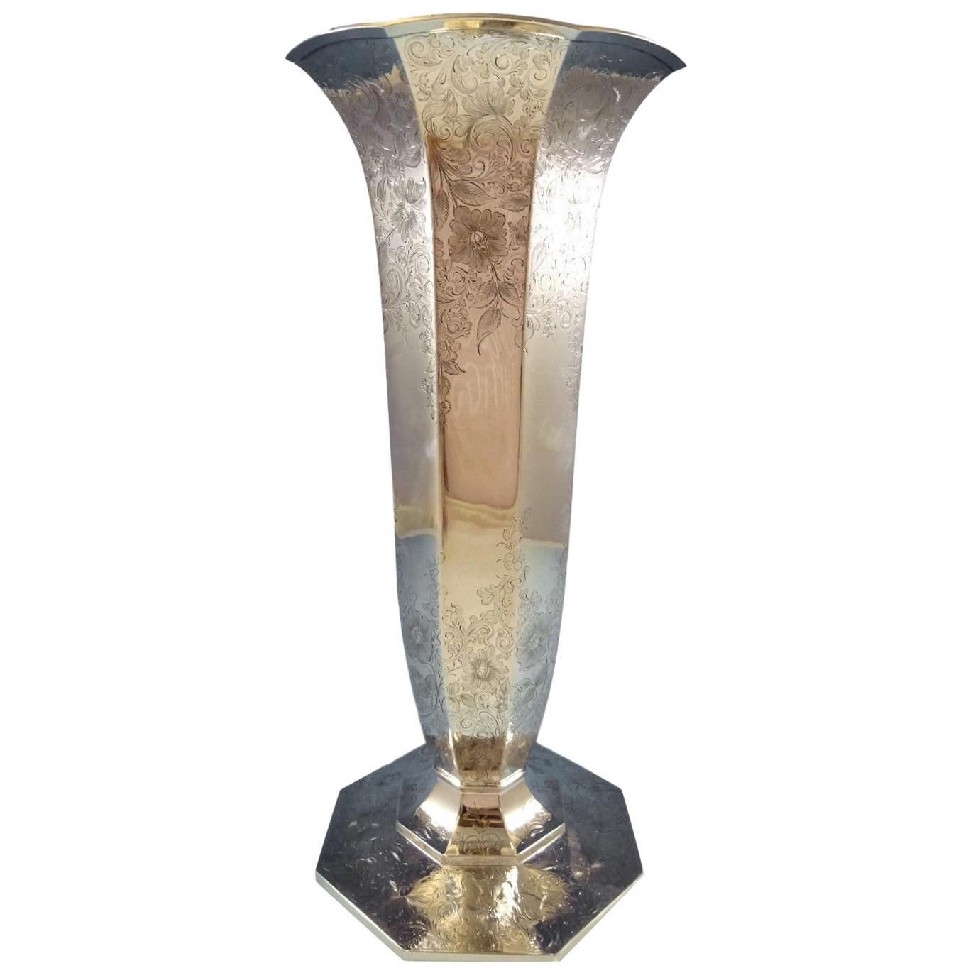 Barbour Co Monumental Sterling Silver Trumpet Vase Engraved 18"