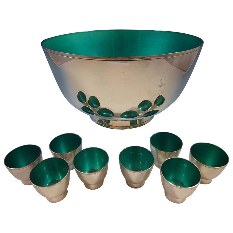 Towle Sterling Silver Punch Bowl and Cups with Turquoise Enamel For Sale