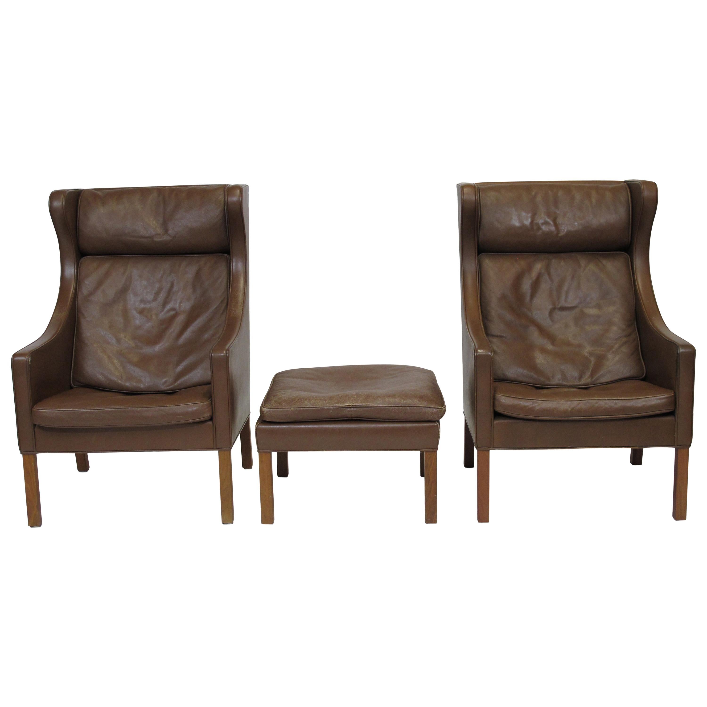 Borge Mogensen Model 2204 Highback Brown Leather Lounge Chairs with Ottoman
