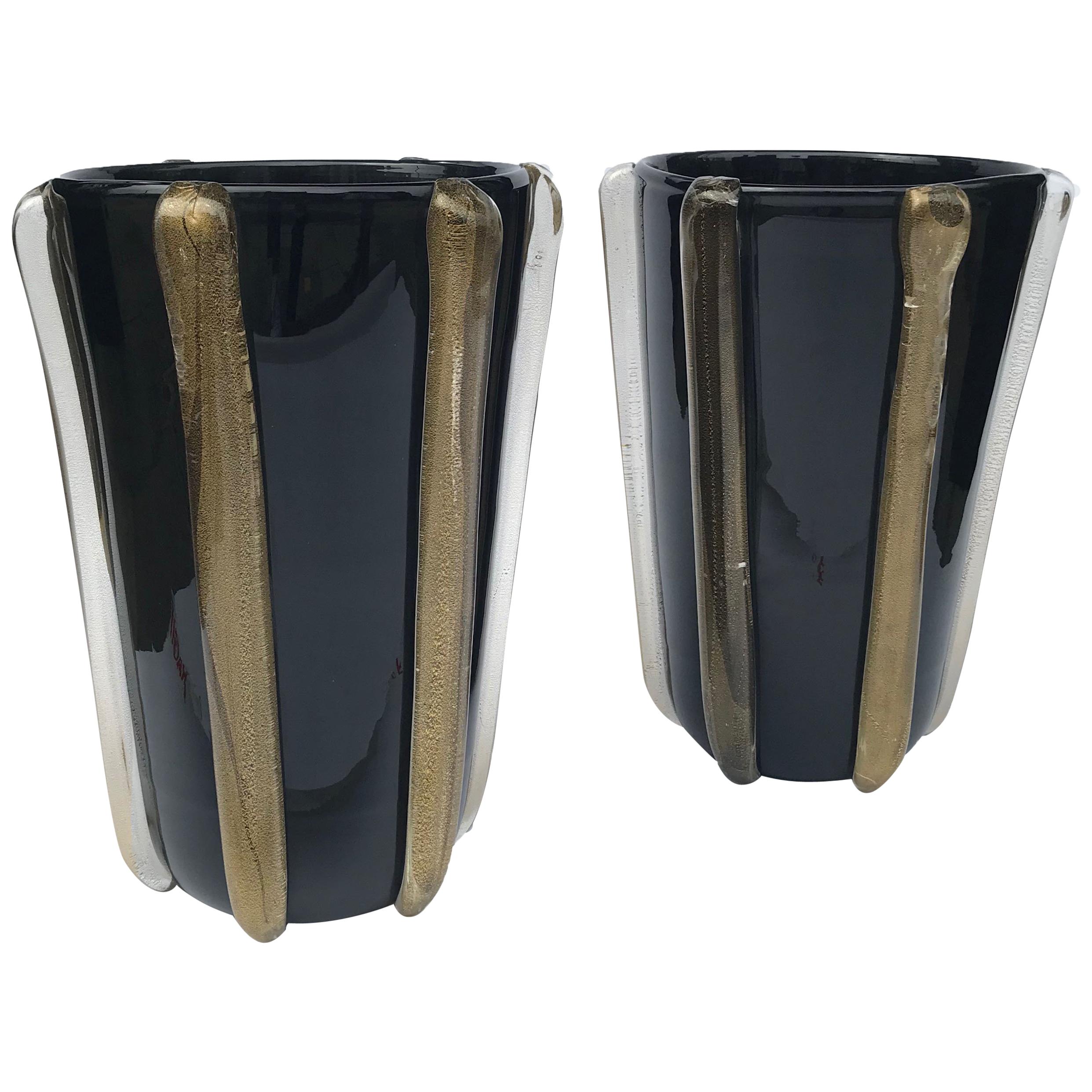Pair of Black Murano Glass Vases with Gold Detailing