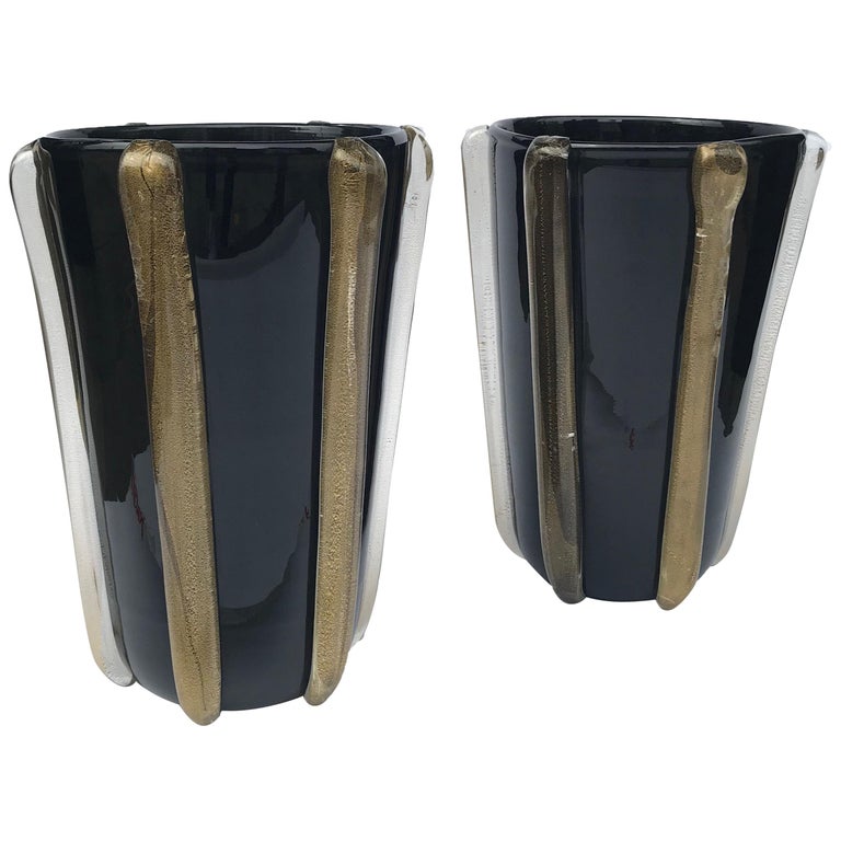 Pair of Black Murano Glass Vases with Gold Detailing at 1stDibs