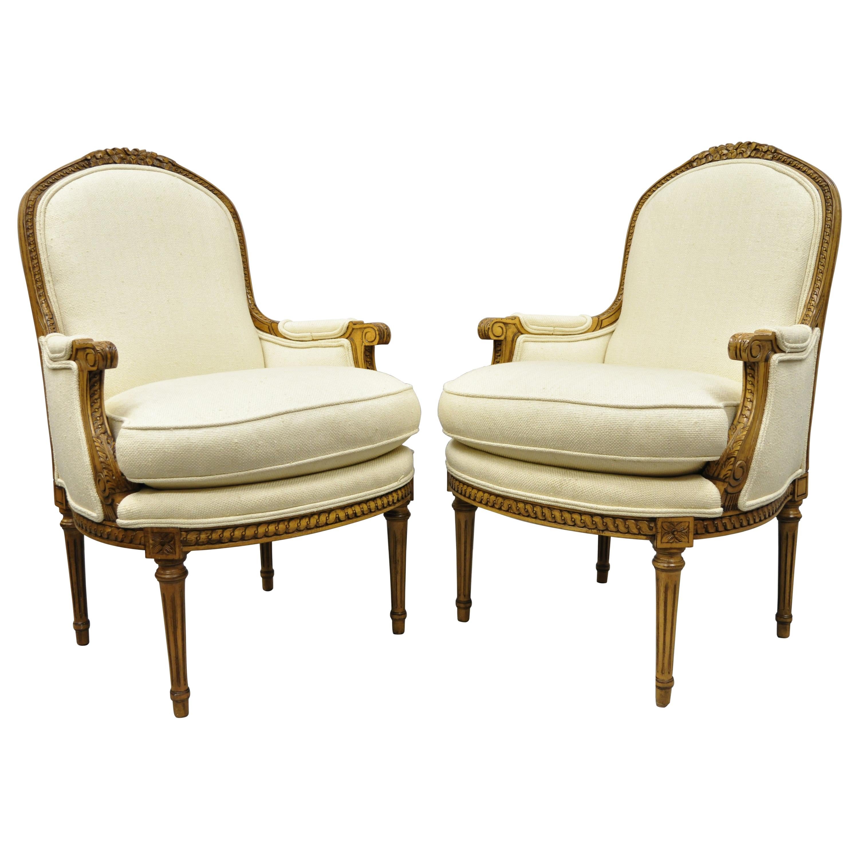 Pair of French Louis XVI Style Upholstered Bergere Armchairs Greenbaum Interiors