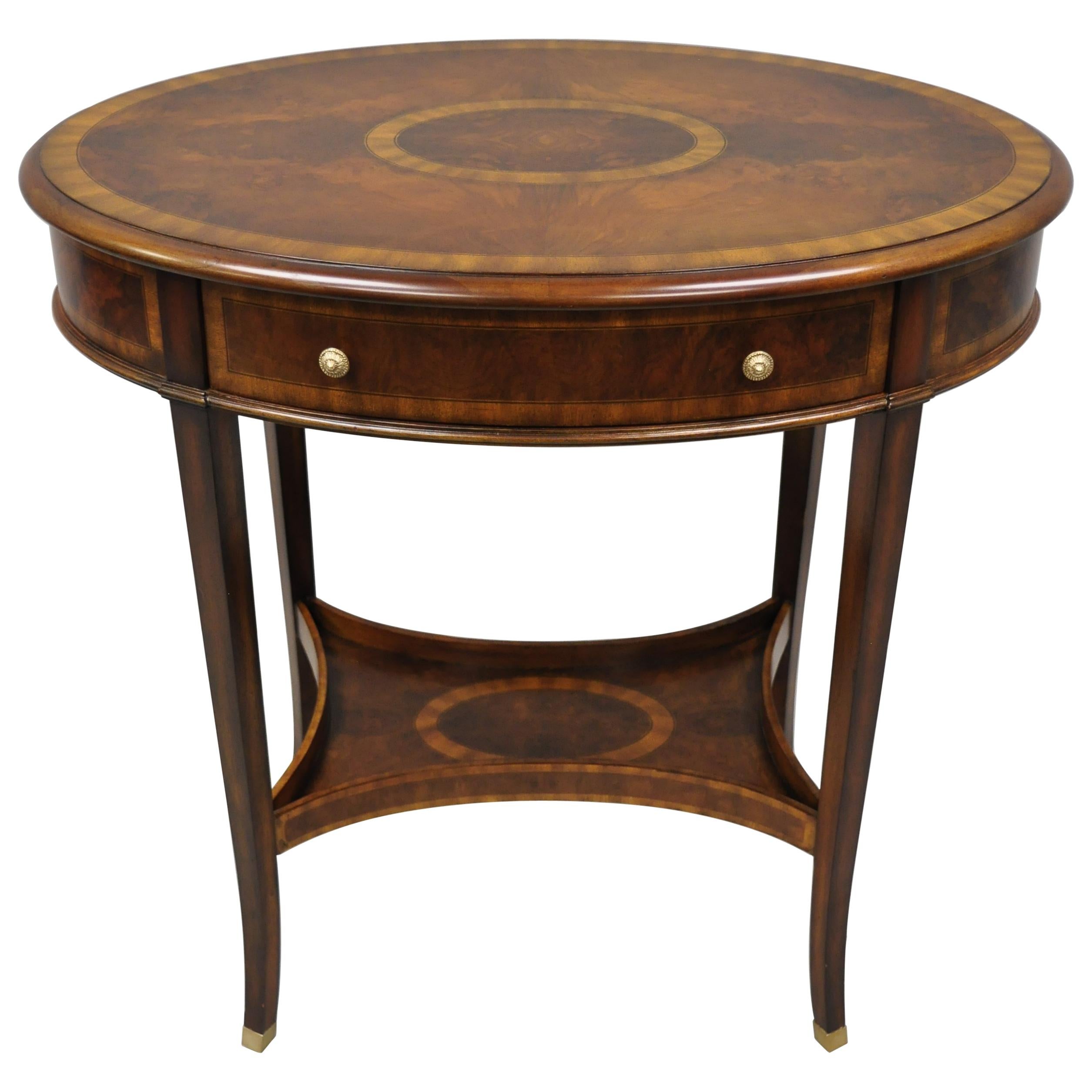 Maitland Smith Mahogany Oval Inlaid One Drawer Occasional Accent Side Table