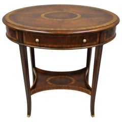 Maitland Smith Mahogany Oval Inlaid One Drawer Occasional Accent Side Table