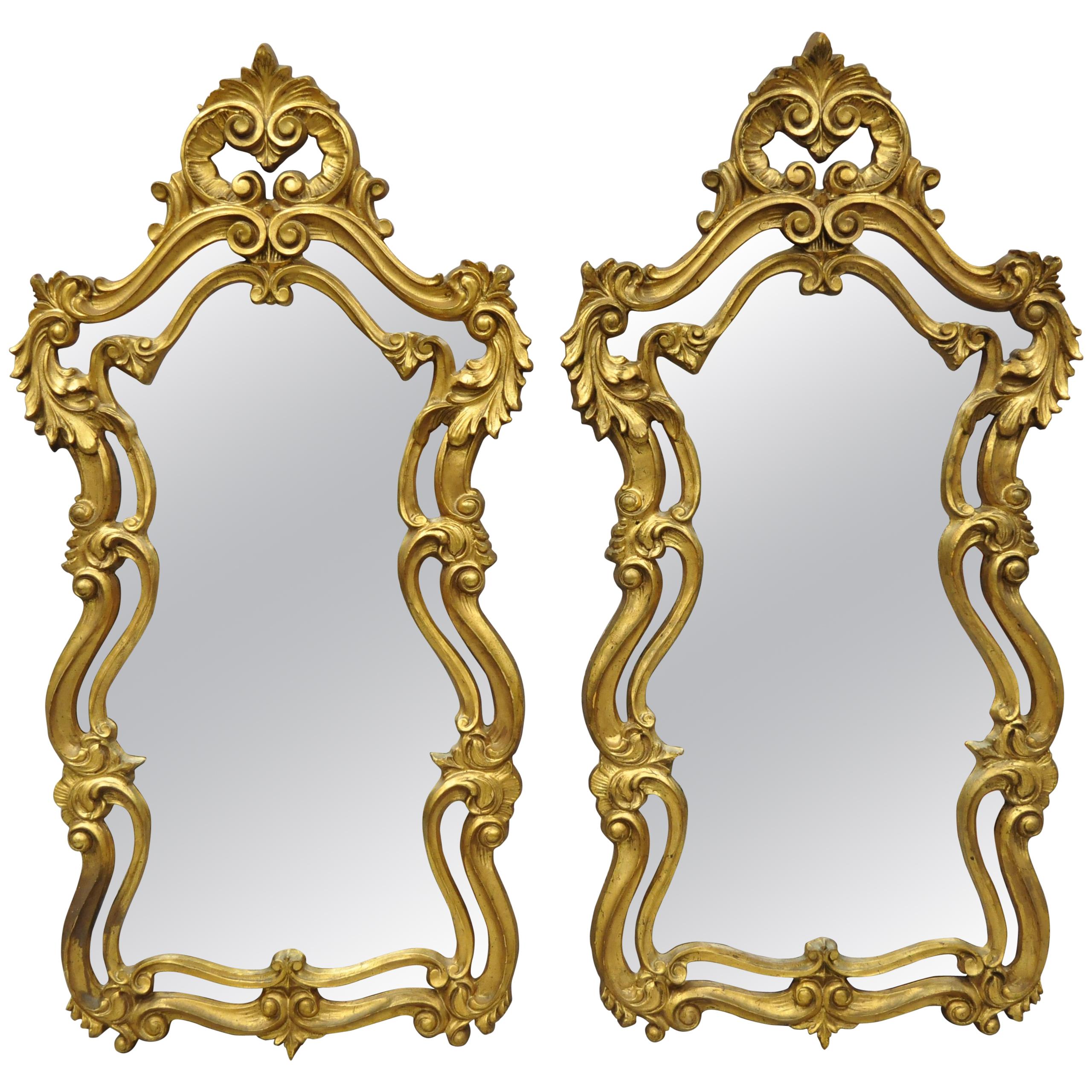 Pair of French Rococo Style Gold Wall Mirrors with Fancy Scroll Work