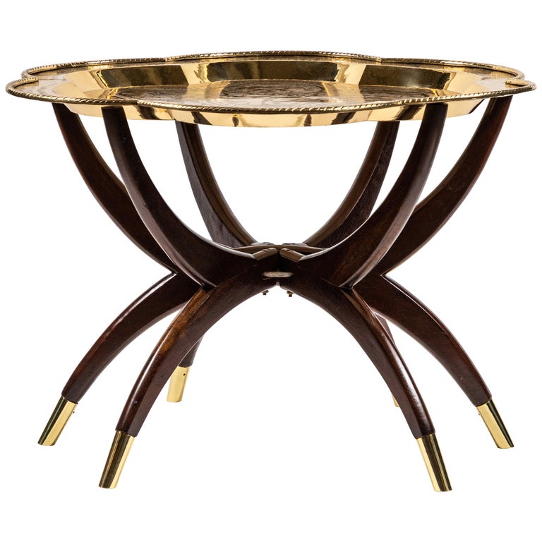 Midcentury Spider Leg Folding Tray Table with Brass Tray at 1stDibs