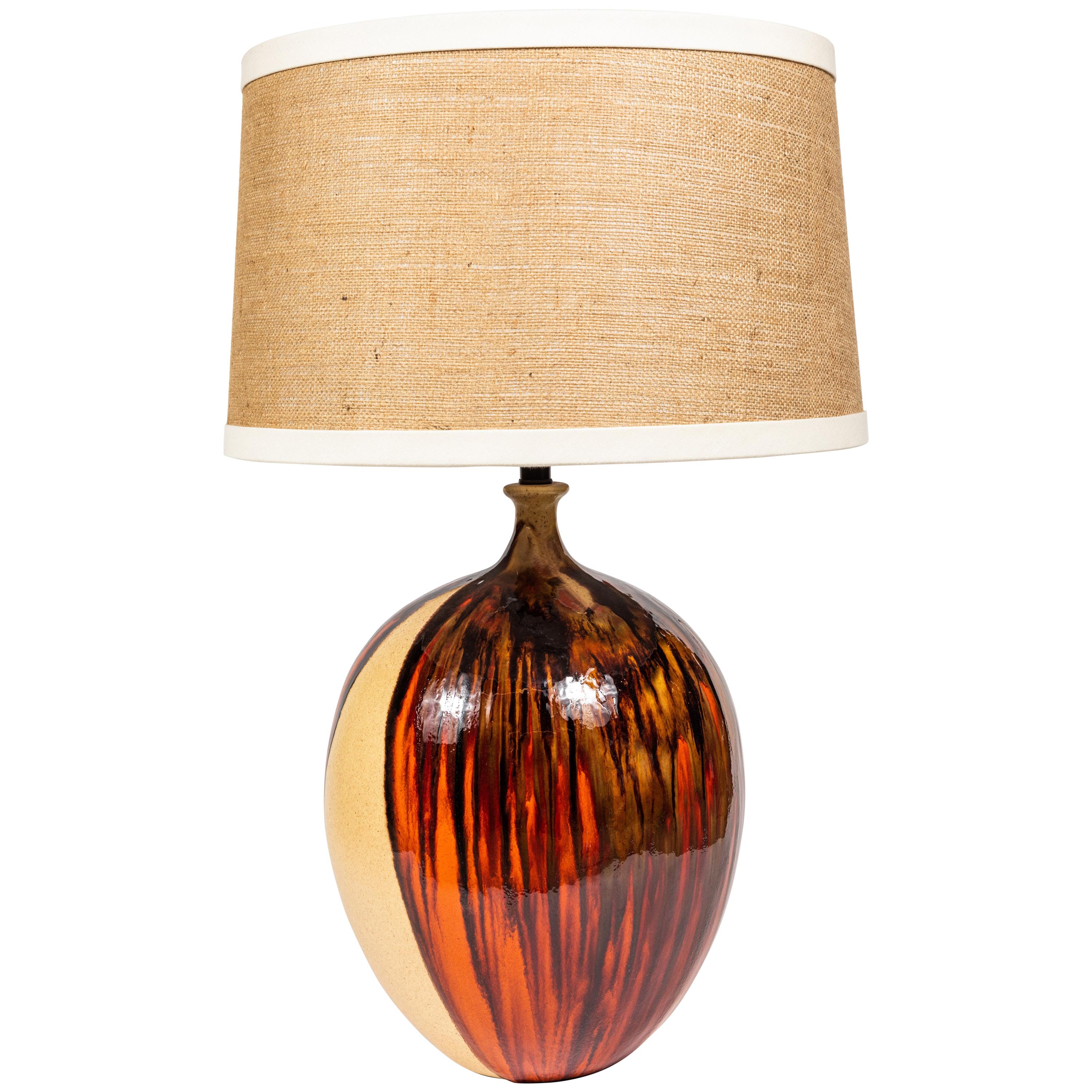 Midcentury Ceramic Lamp in Drip Glaze in Browns and Orange with Custom Shade