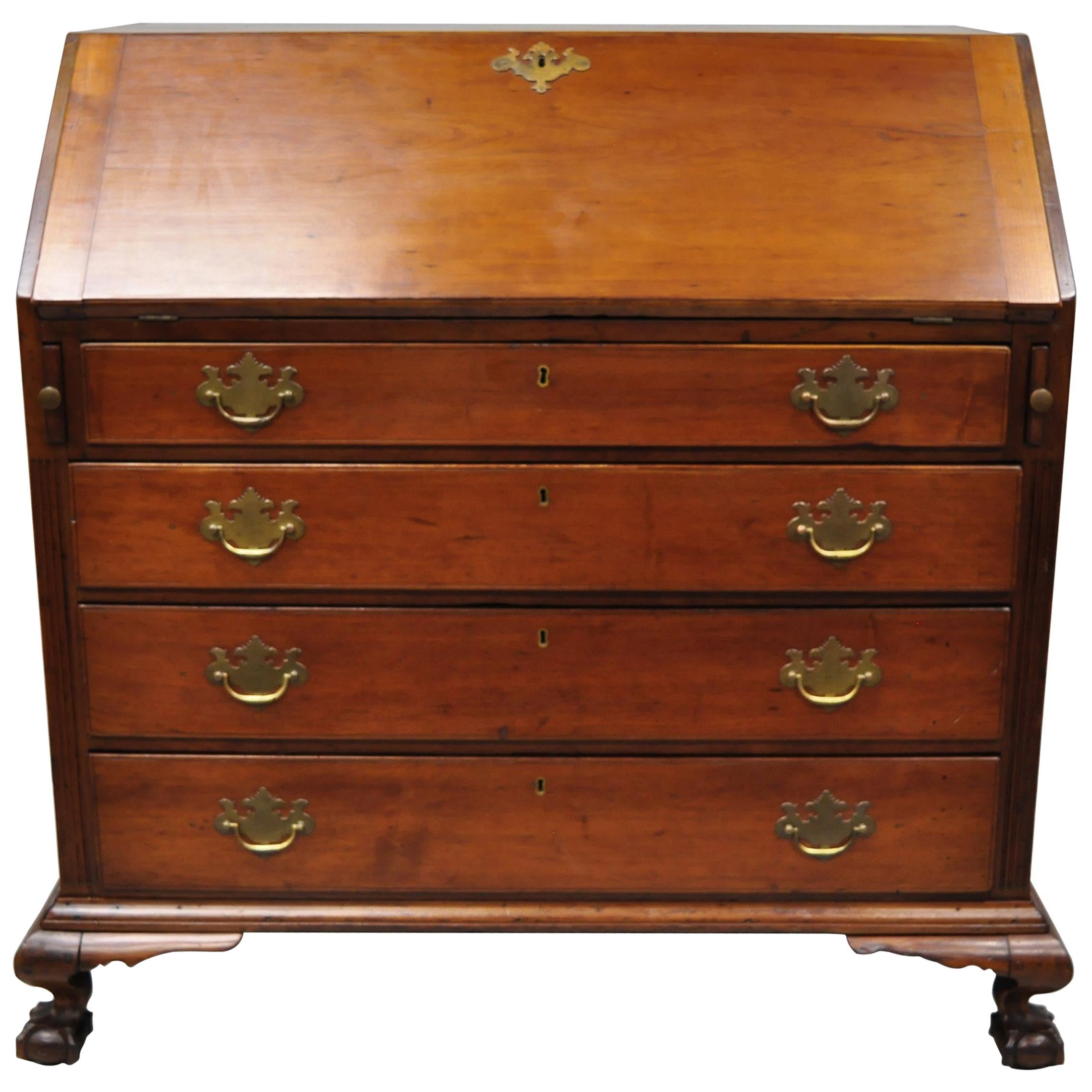 19th Century Mahogany Slant Top Carved Ball and Claw Chippendale Style Desk For Sale