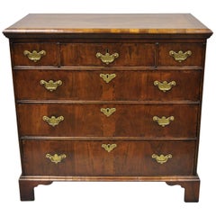 19th Century English Queen Anne Burr Walnut Inlaid 6-Drawer Chest of Drawers