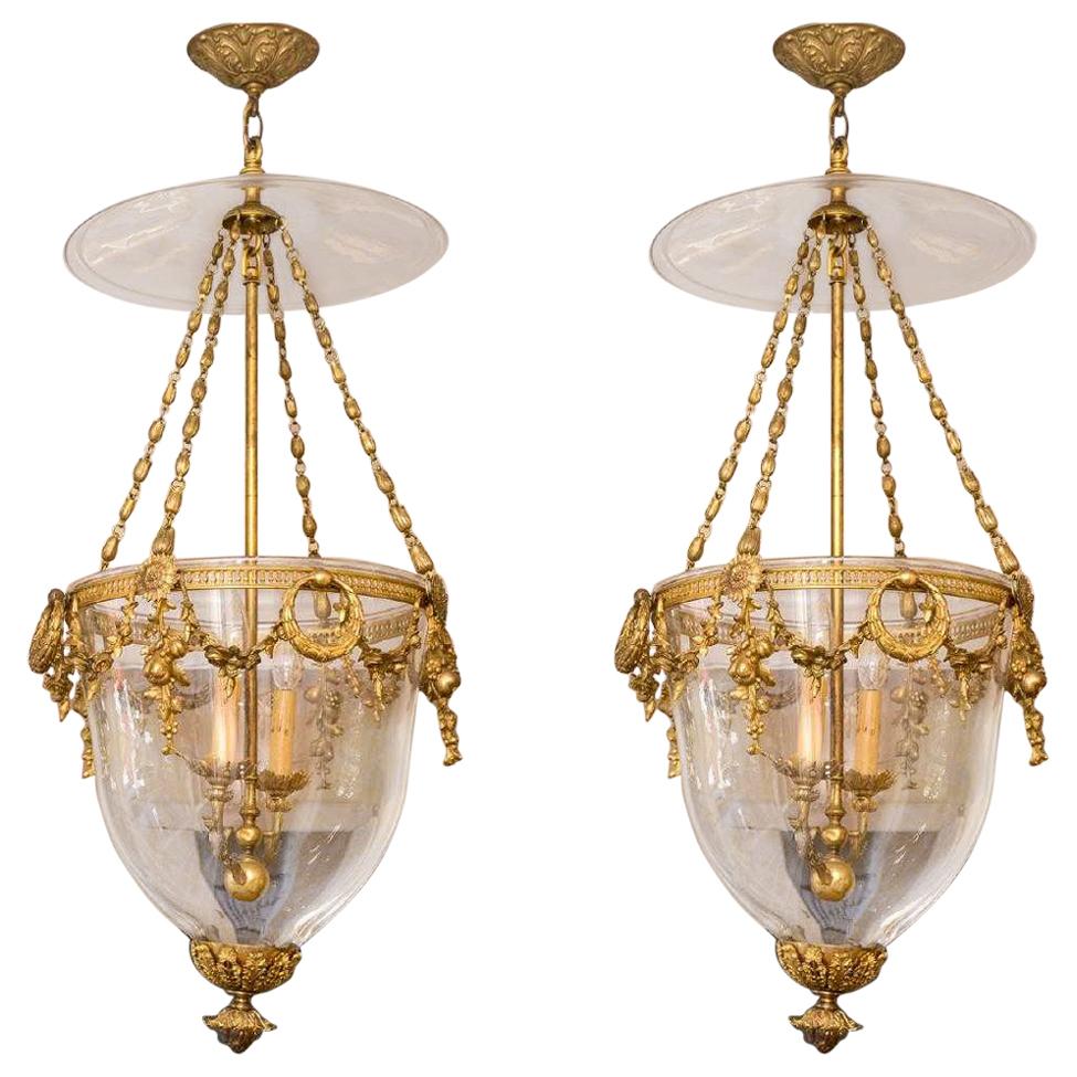 Pair of Superb French Louis XVI Style Gilt Bronze Mounted Glass Lanterns