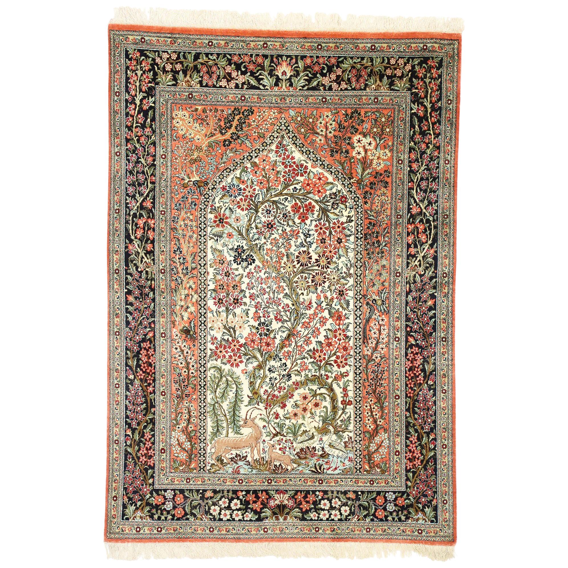 Vintage Persian Tree of Life Qum Silk Prayer Rug with French Rococo Style
