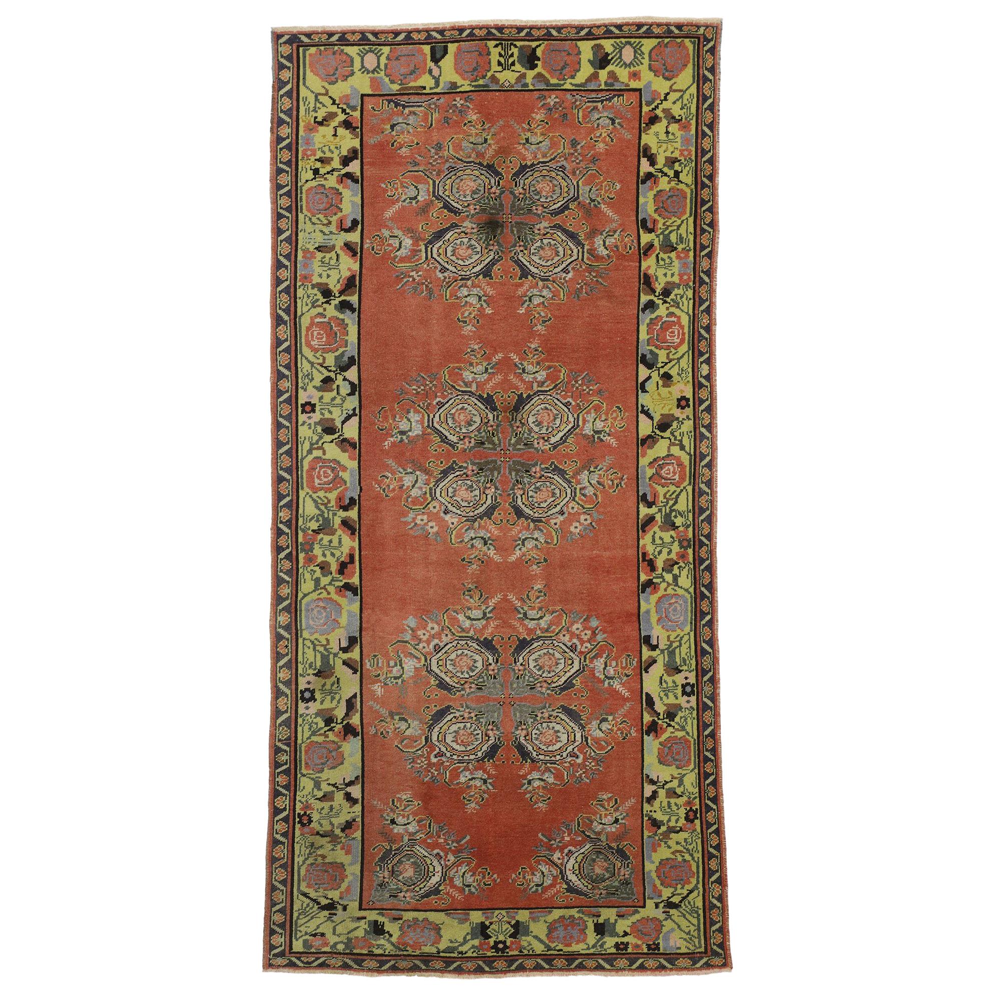 Vintage Turkish Oushak Wide Hallway Runner with Art Deco Expressionist Style