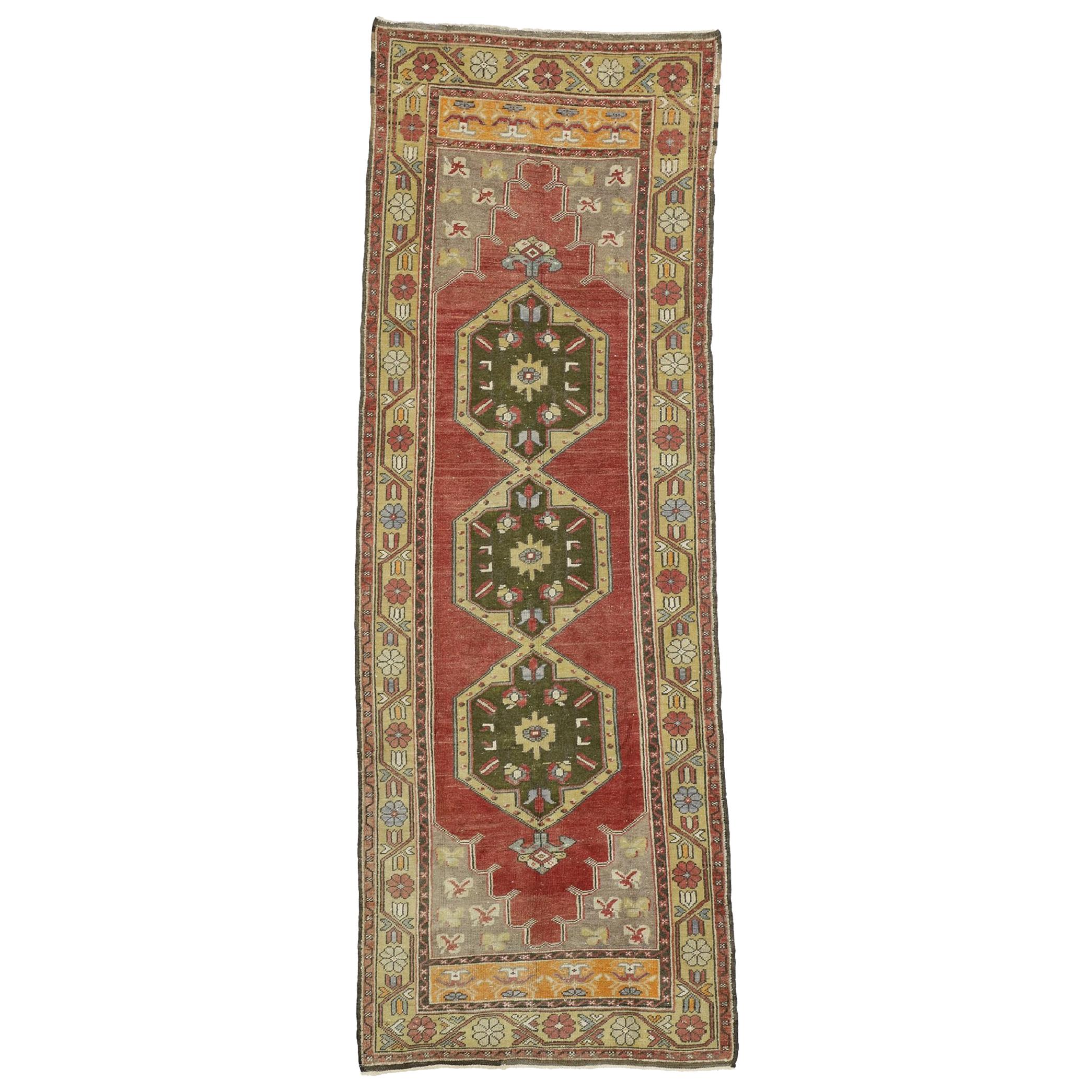 Vintage Turkish Oushak Hallway Runner with Rustic Style For Sale
