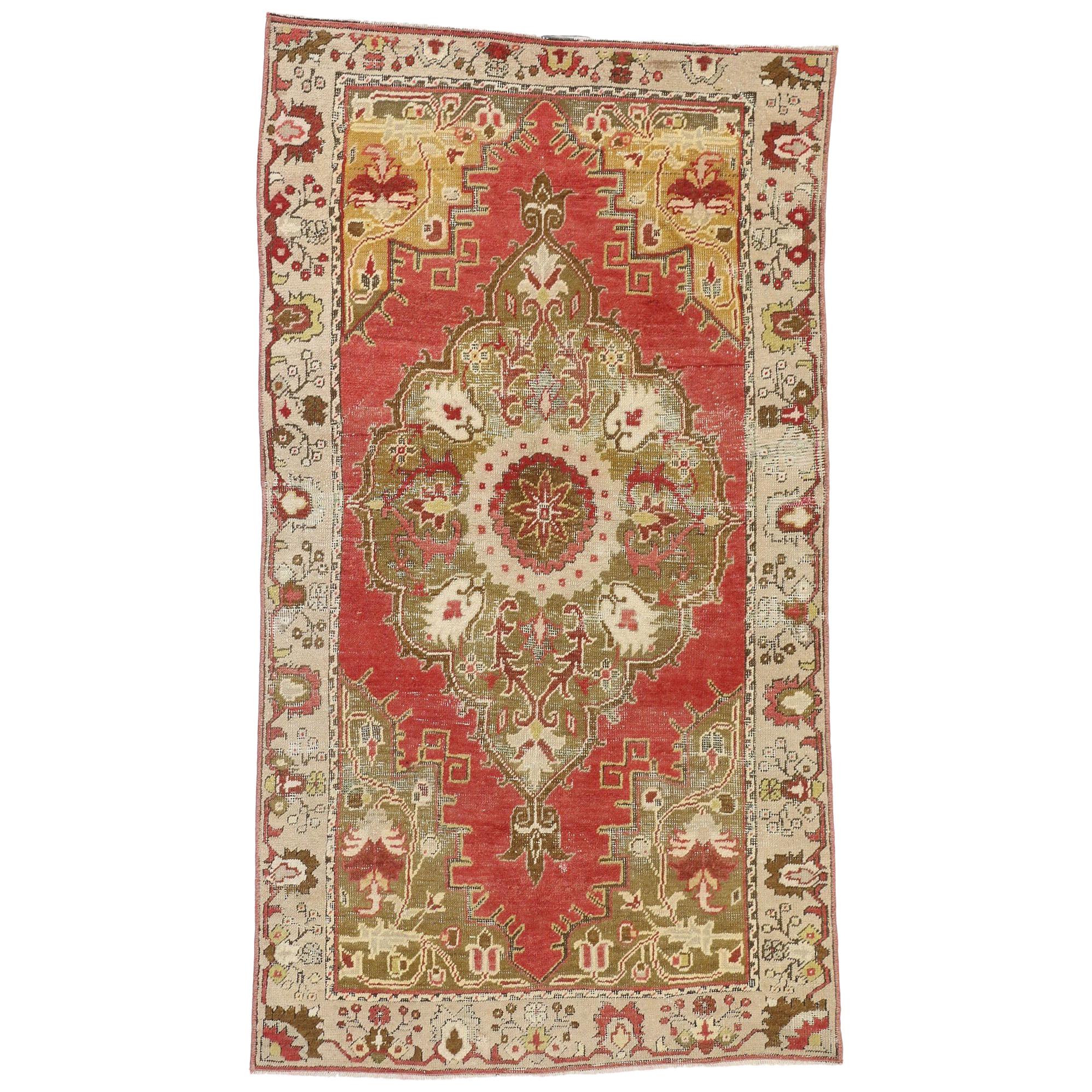 Rustic Rococo Style Distressed Vintage Turkish Oushak Rug, Entry or Foyer Rug For Sale
