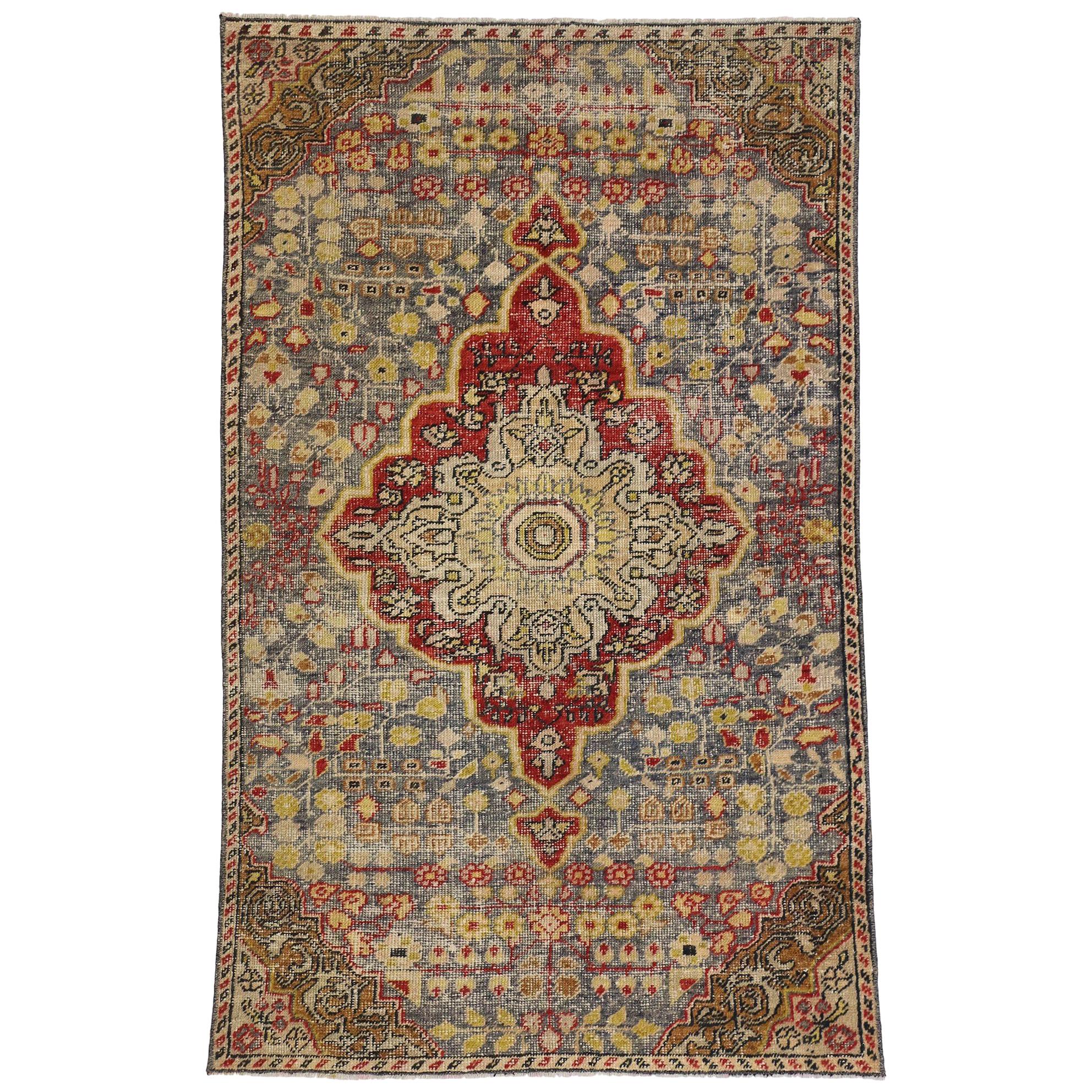 Rustic Style Distressed Vintage Turkish Oushak Rug, Foyer, Kitchen or Entry Rug For Sale