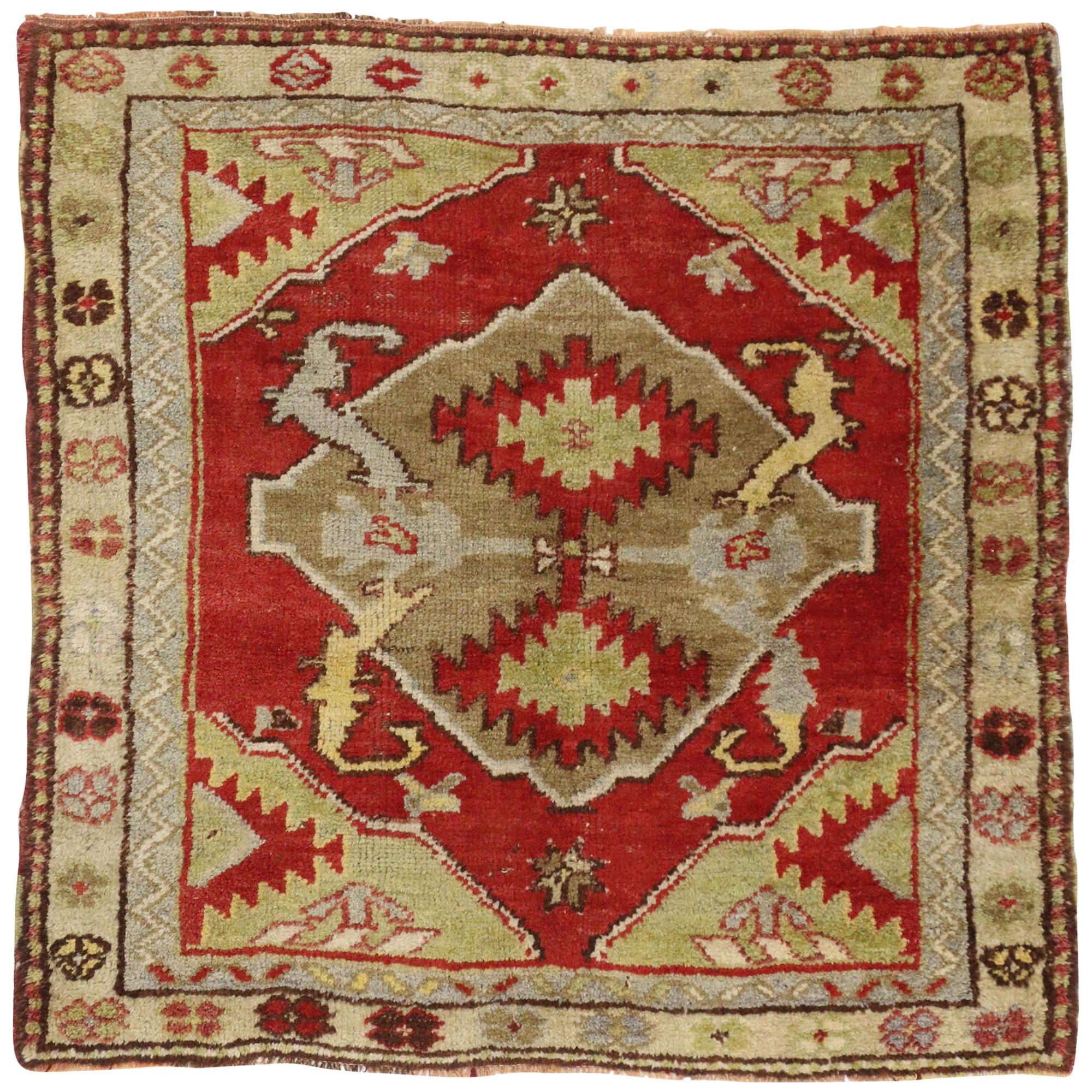 Vintage Turkish Oushak Rug with Baroque Style, Small Square Accent Rug