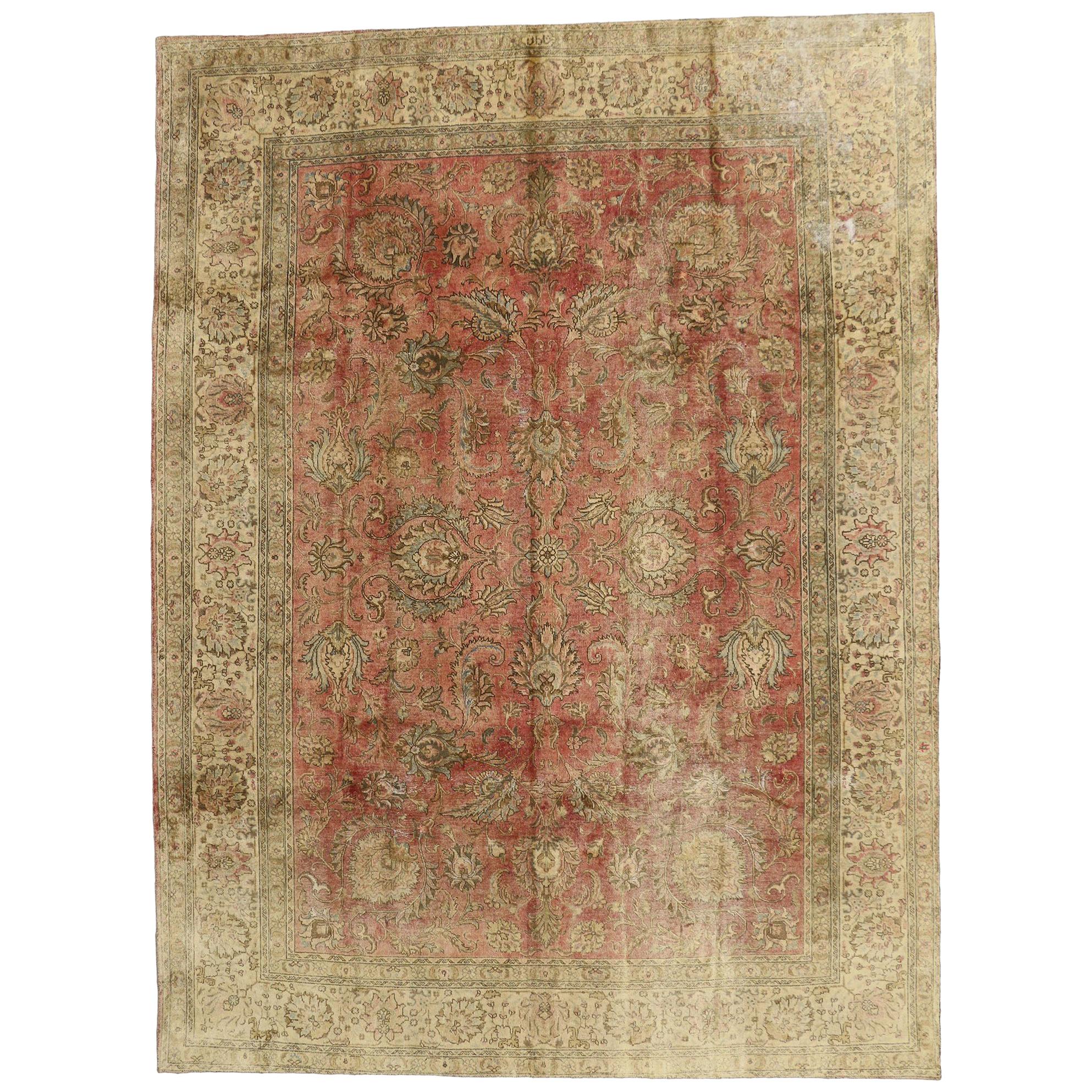 Distressed Antique Persian Tabriz Rug Industrial Rustic Style