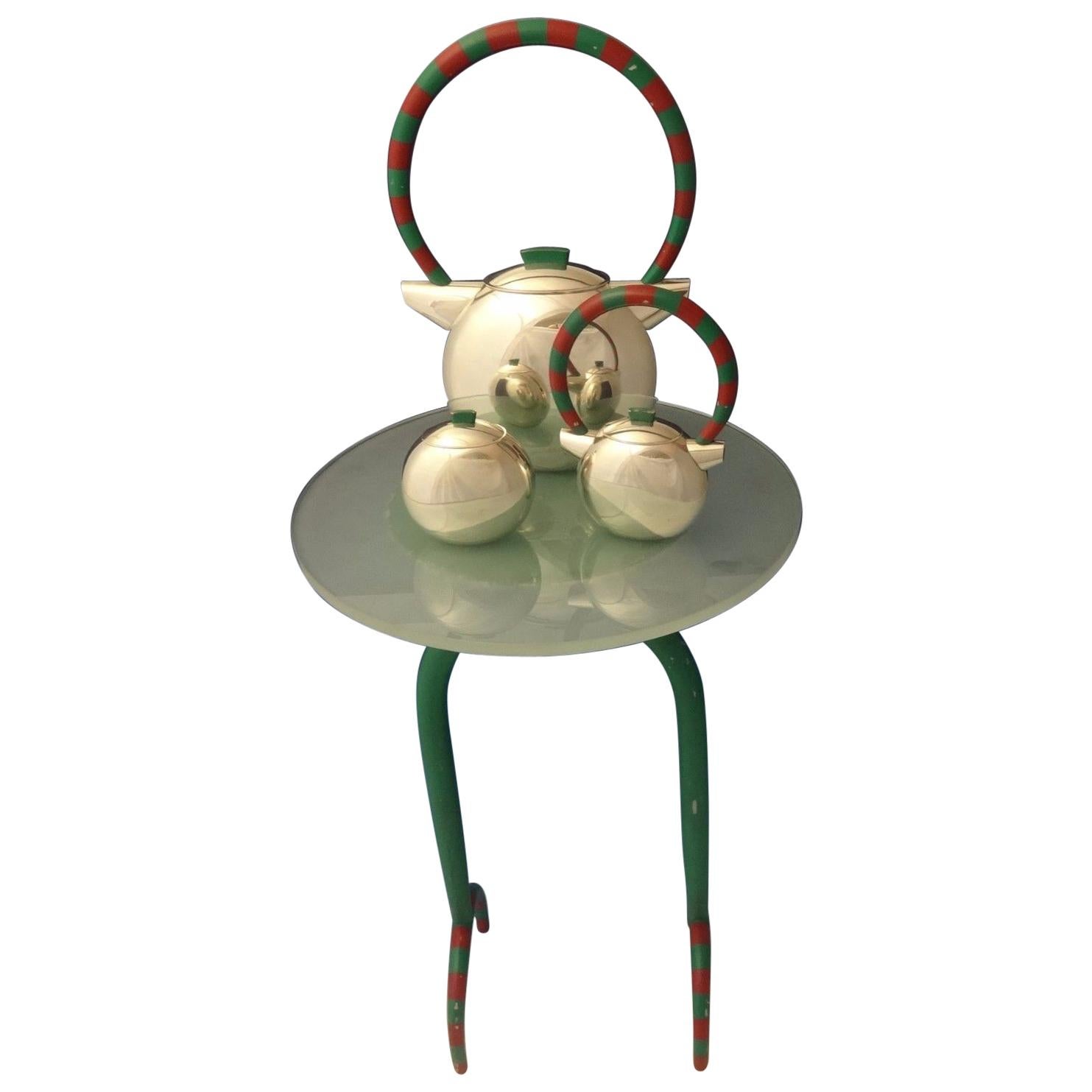 Charles Crowley Sterling Silver Coffee Set with Enamel and Stand Modern Art