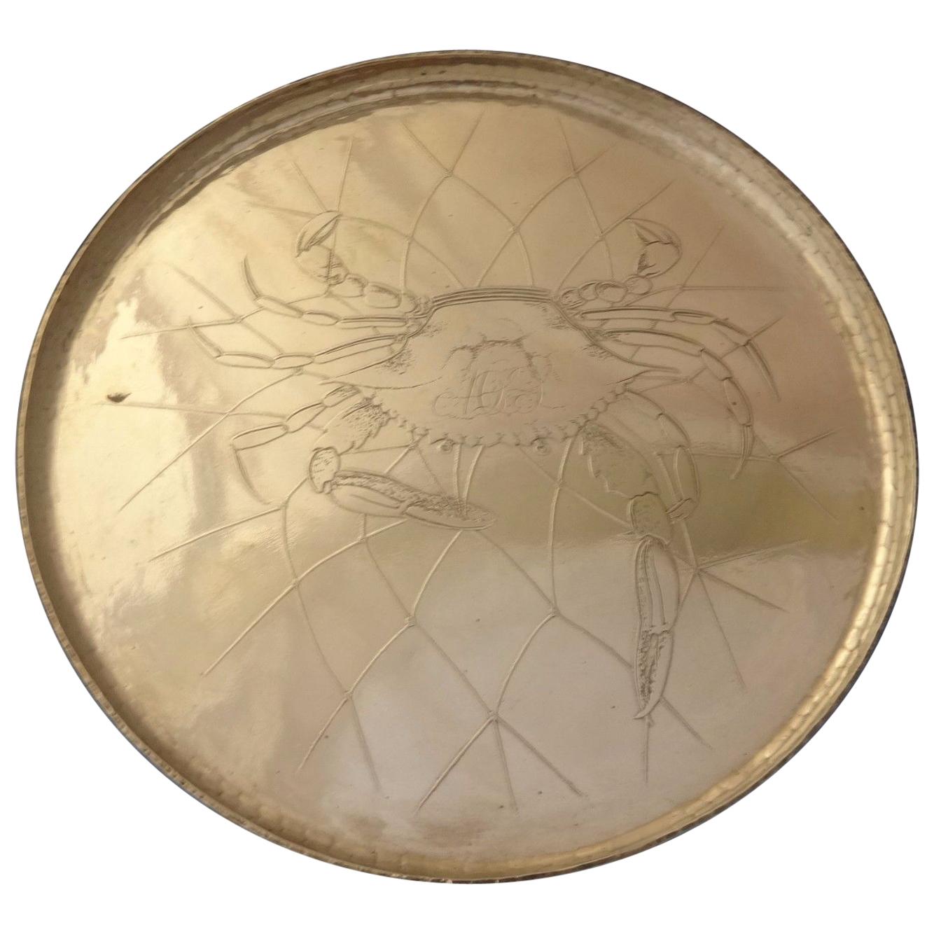 Plateau Salver en argent sterling de Whiting avec crabe gravé à l'acide dans du filet