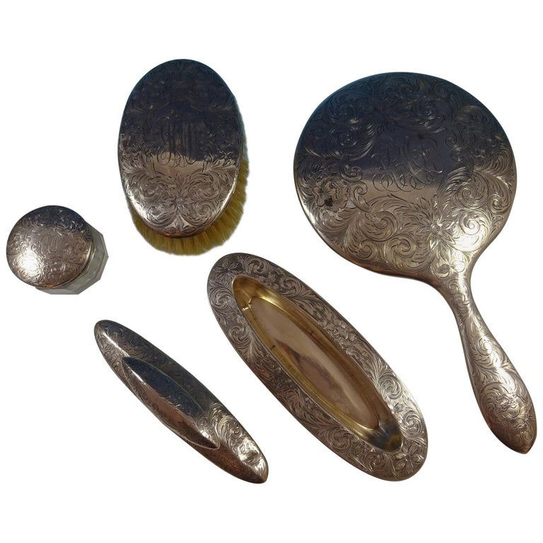 Alvin Sterling Silver Dresser Set 5 Piece Fancy Engraved For Sale