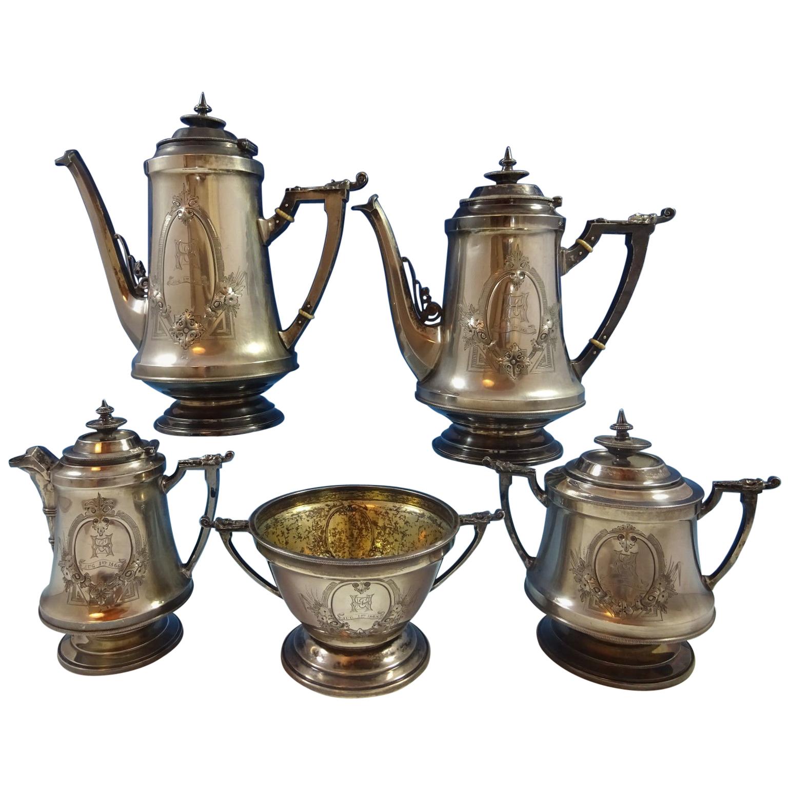 Wood and Hughes Coin Silver Tea Set 5-Piece Civil War Period with 3-D Elements