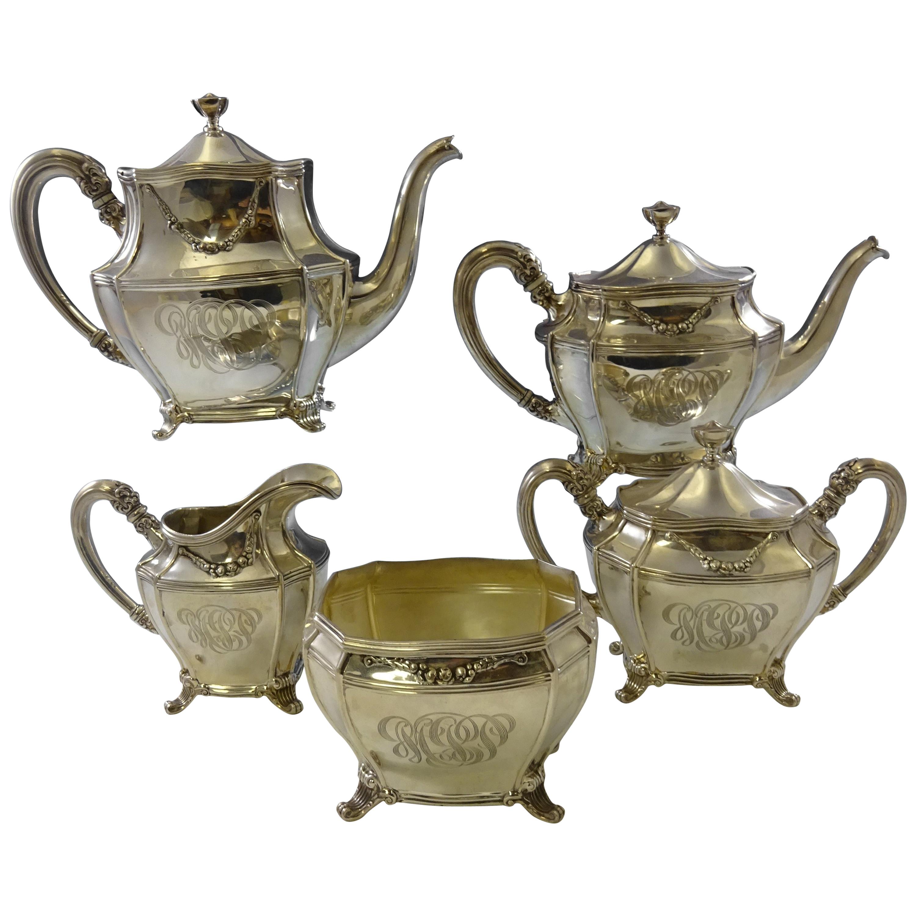 Georgian by Towle Sterling Tea Set of 5-Pc with Columnar Feet and Flower Swag