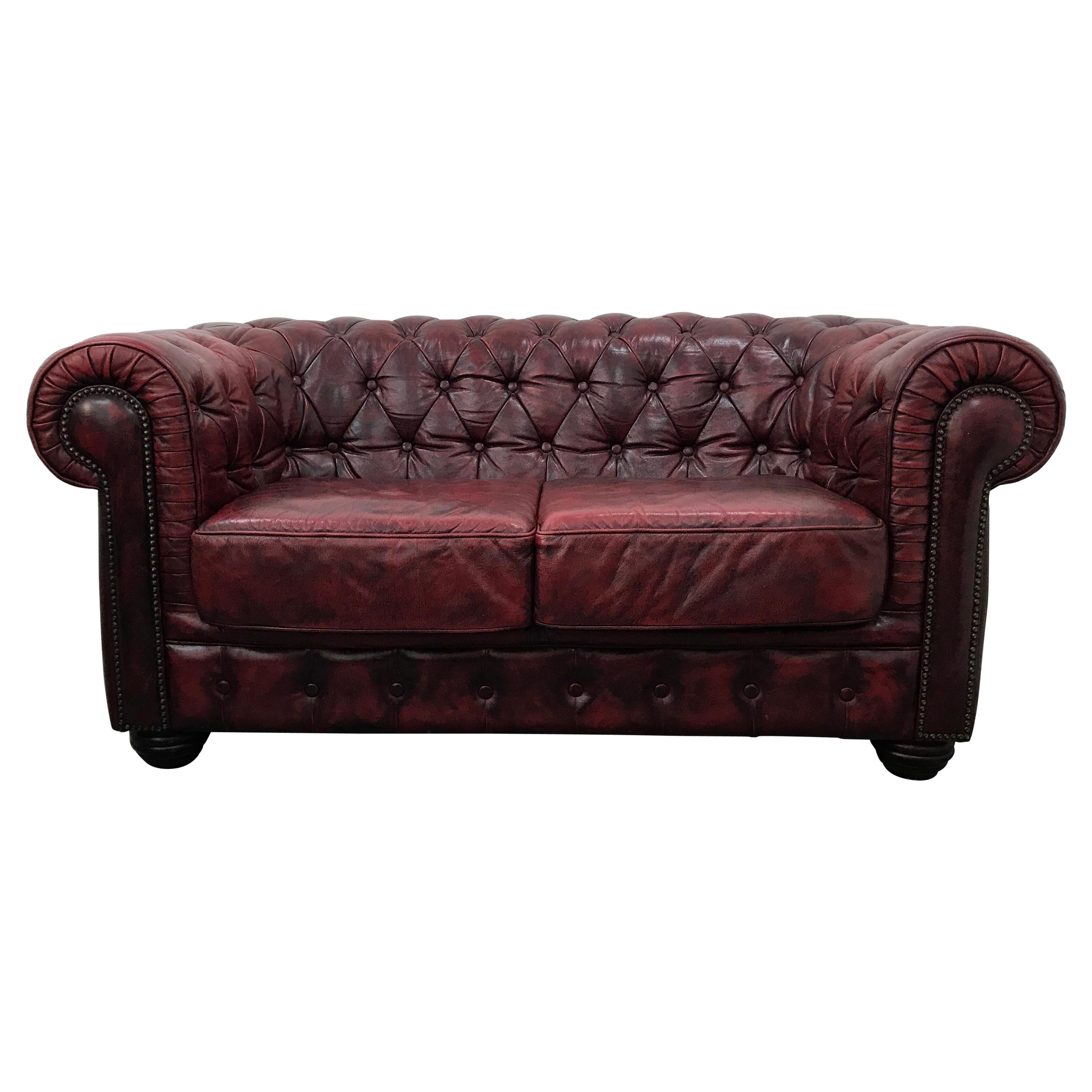 Vintage Oxblood Leather 2-Seater Chesterfield Sofa from Rubelli For Sale