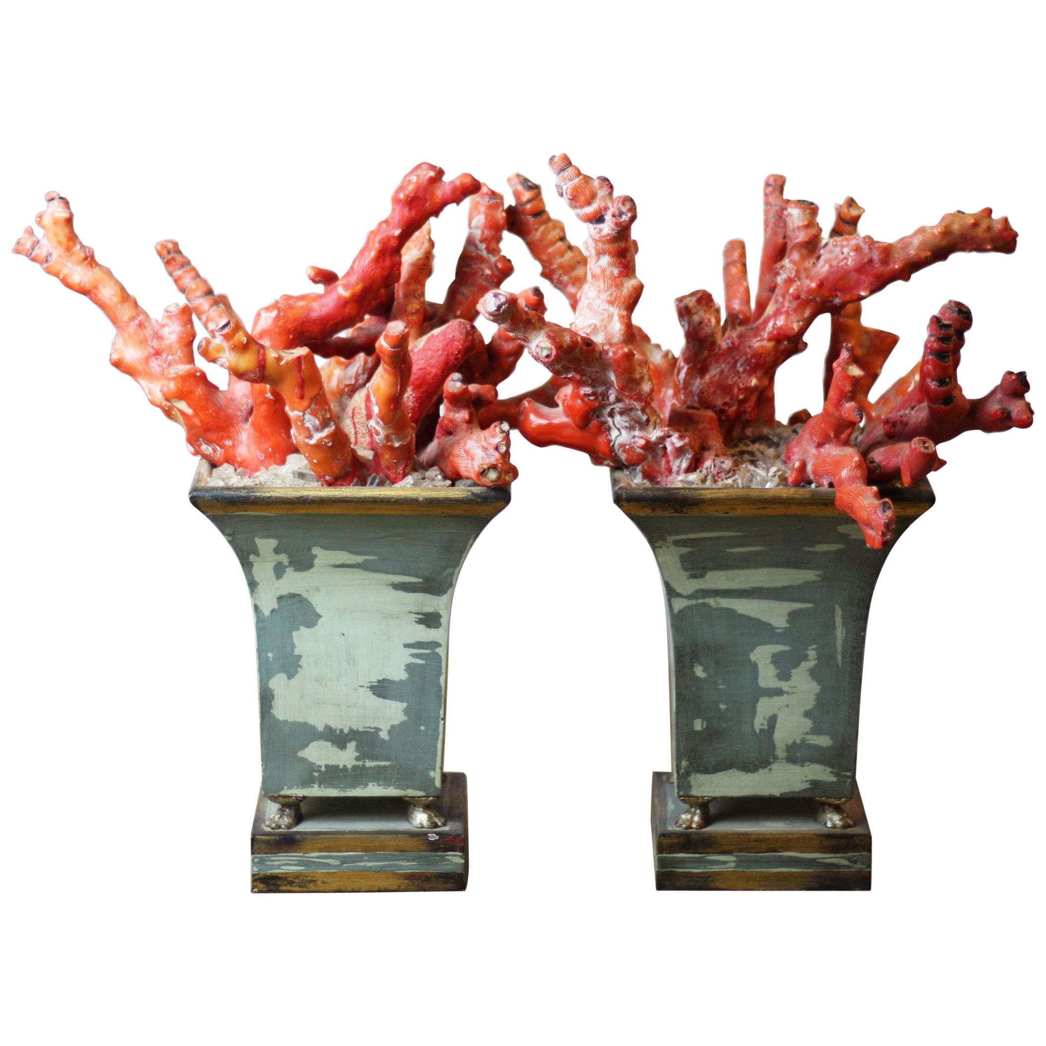 Red Chinese Bamboo Coral Set in Cast Planters