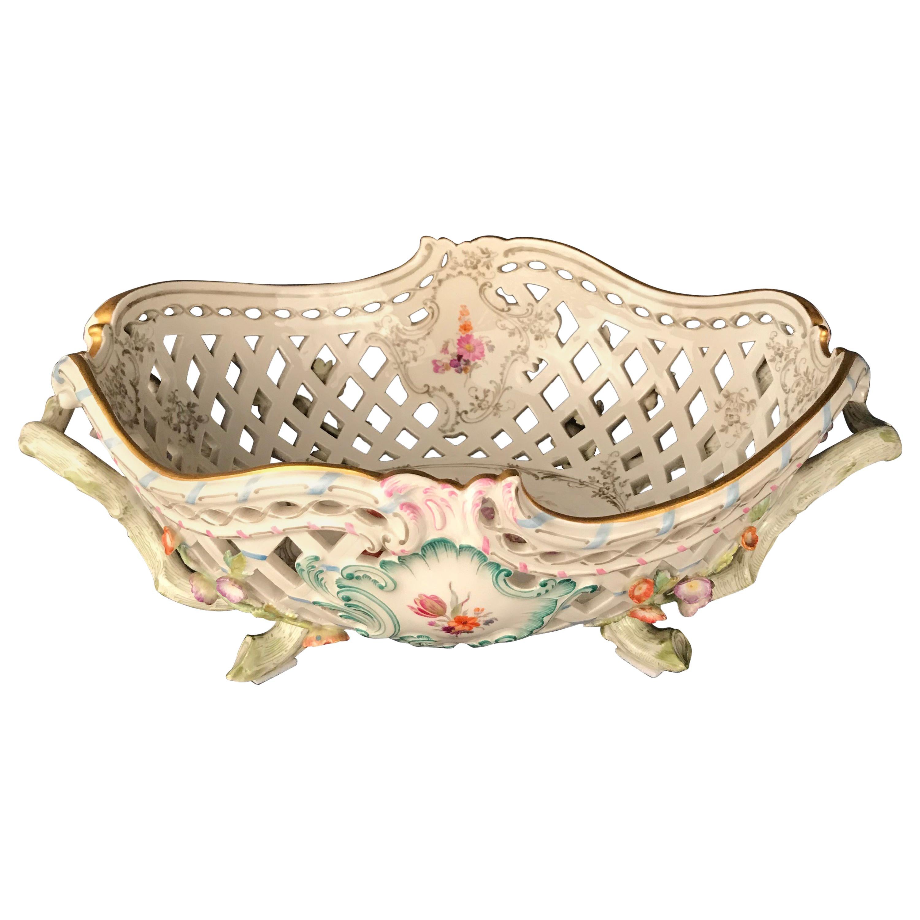 KPM Berlin Porcelain Fruit Basket Bowl Meissen Hand Painted Flowers For Sale