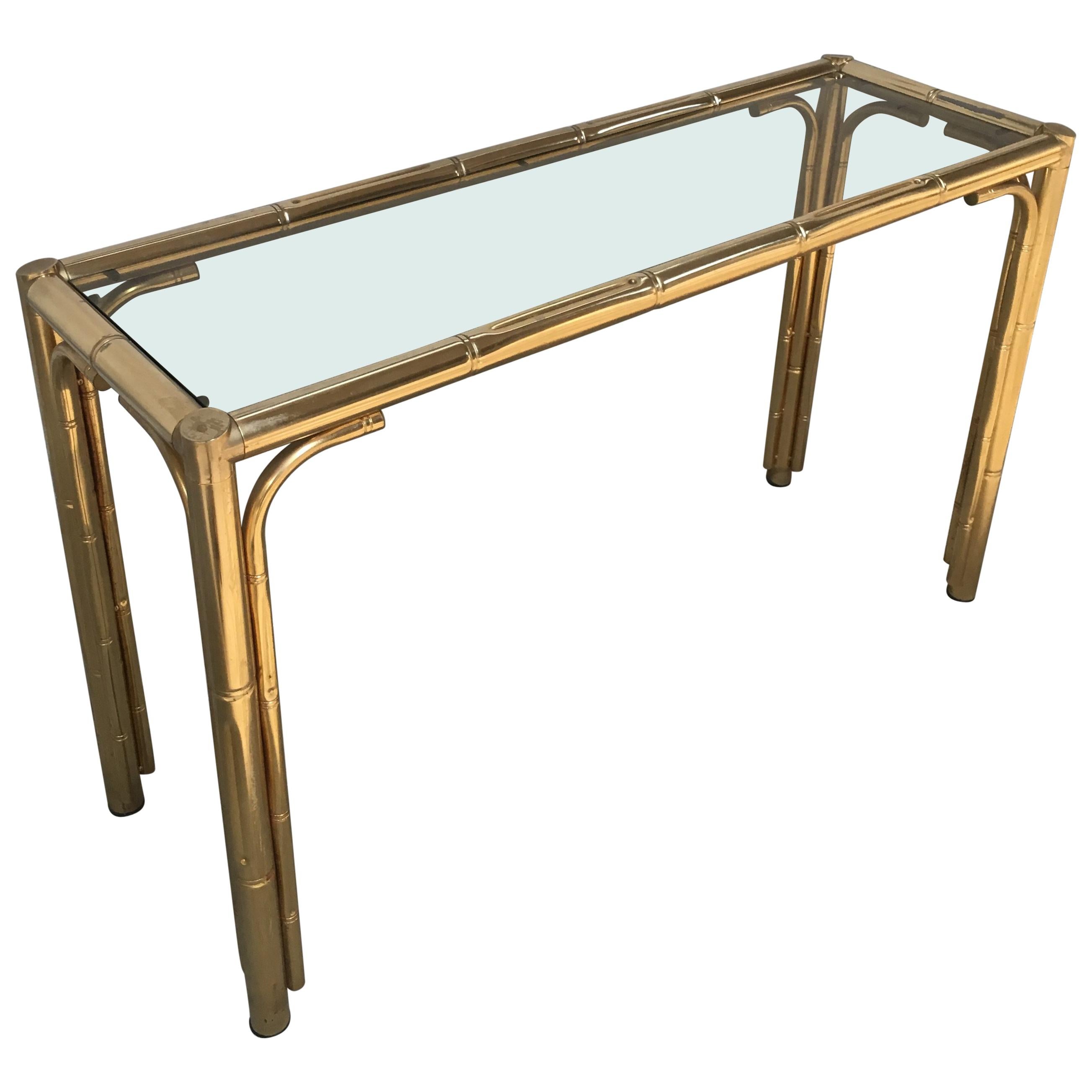 Mid-Century Modern Italian Faux Bamboo Brass Finished Console with Smocked Glass