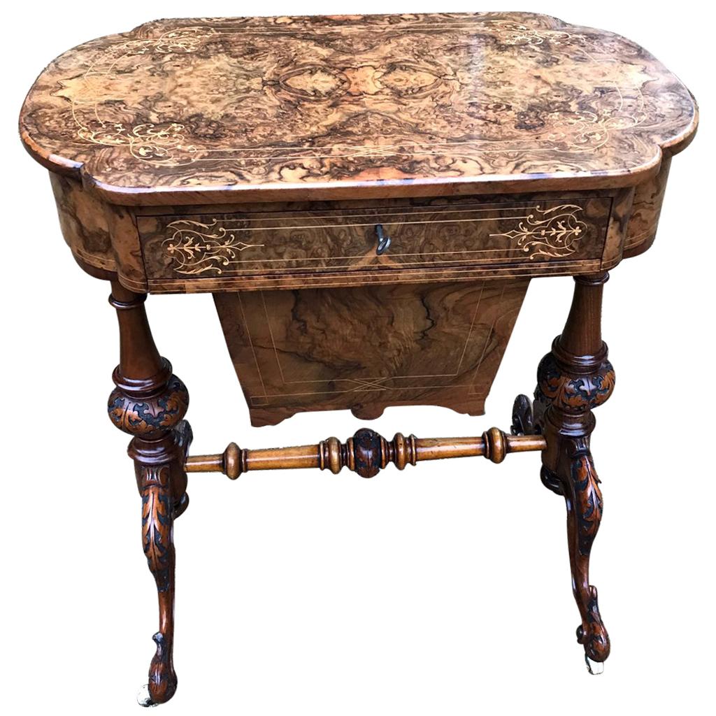 19th Century Burr Walnut and Marquetry Work Table