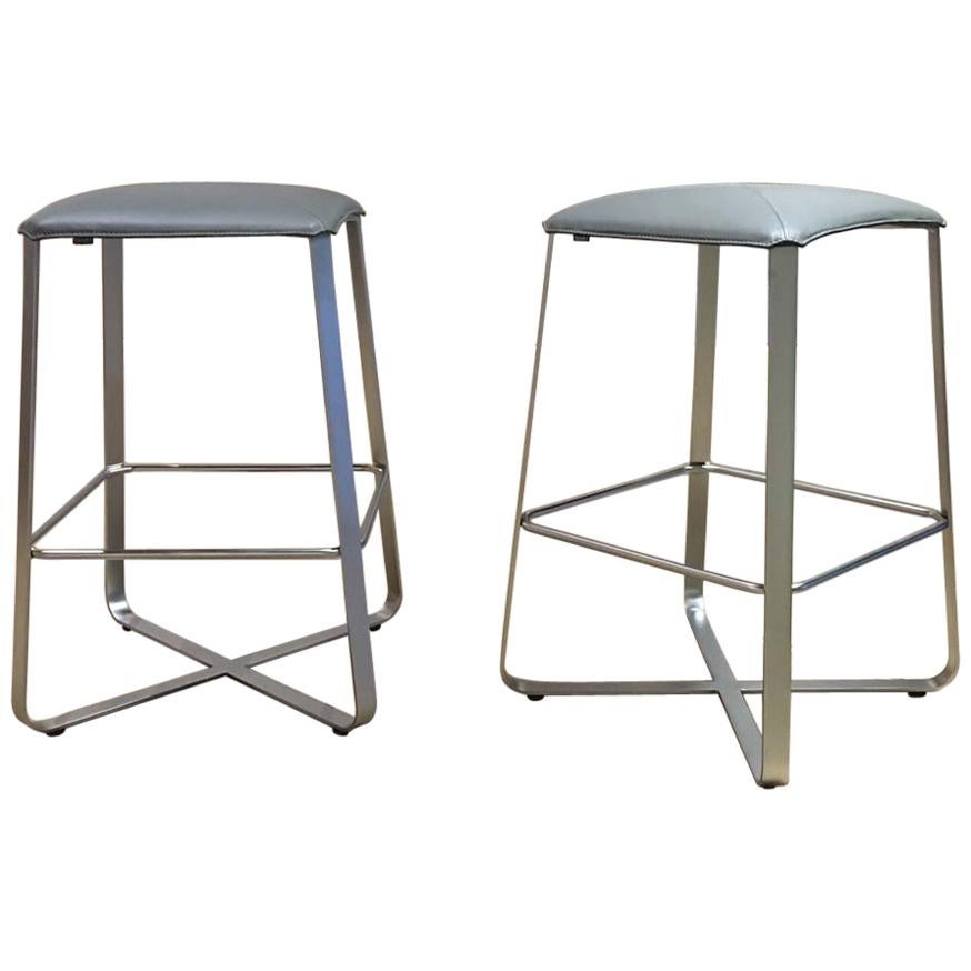 Set of 2 Counter Stools with Grey Leather Seat & Matt Chrome Plated Steel Frame For Sale
