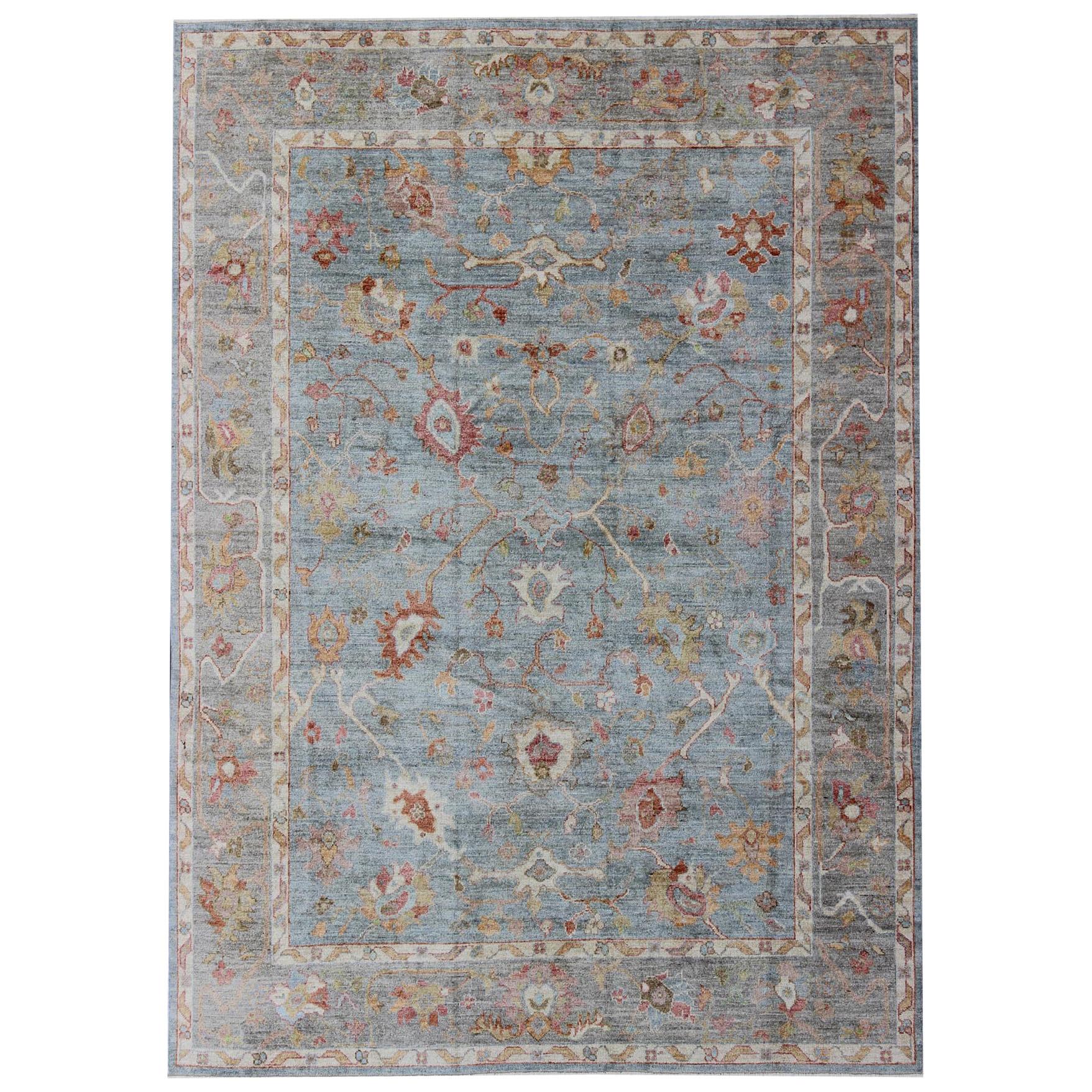 Angora Turkish Oushak Rug in Light Blue, Silver and Multi Colors For Sale